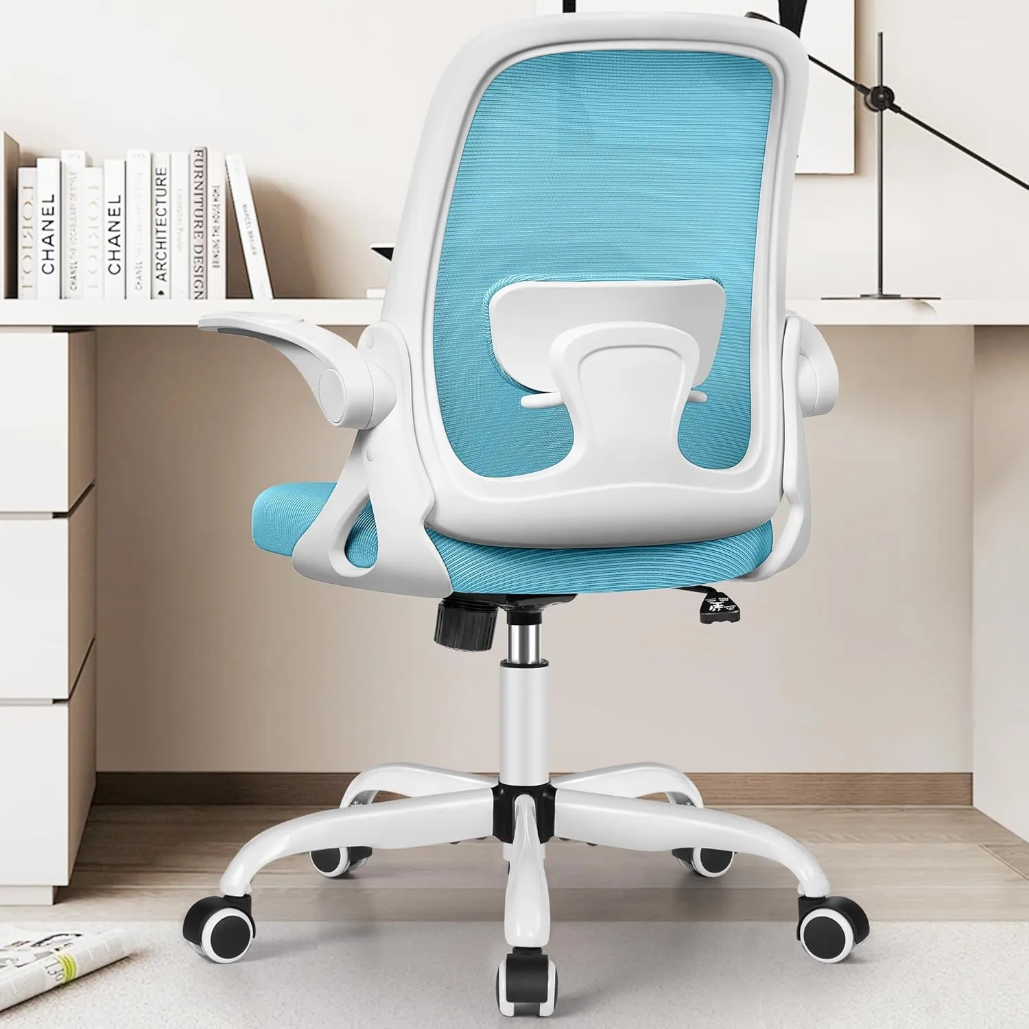 Office Chair Ergonomic Desk Chairs with Lumbar Support and Flip-up Arms, Comfortable Breathable Mesh Computer Executive Chair with Swivel Task, Adjustable Height 4'', Home, Bedroom - Blue