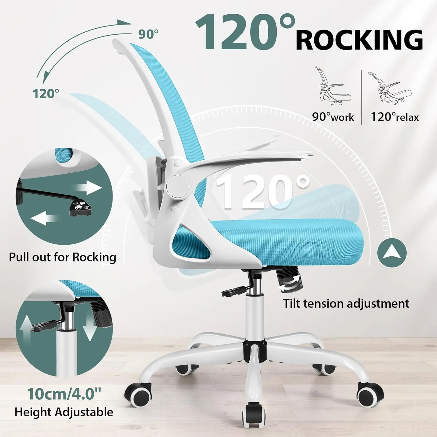 Office Chair Ergonomic Desk Chairs with Lumbar Support and Flip-up Arms, Comfortable Breathable Mesh Computer Executive Chair with Swivel Task, Adjustable Height 4'', Home, Bedroom - Blue