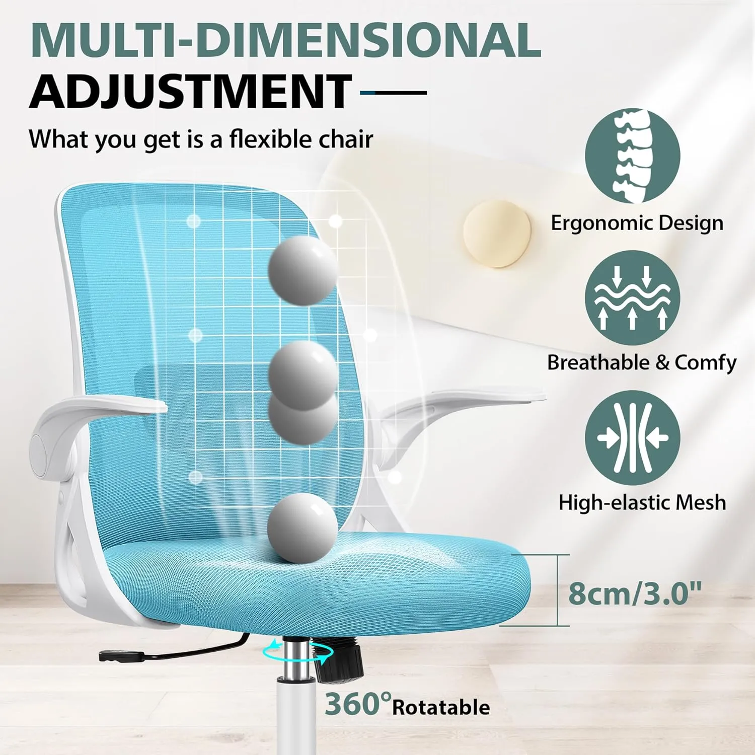 Office Chair Ergonomic Desk Chairs with Lumbar Support and Flip-up Arms, Comfortable Breathable Mesh Computer Executive Chair with Swivel Task, Adjustable Height 4'', Home, Bedroom - Blue