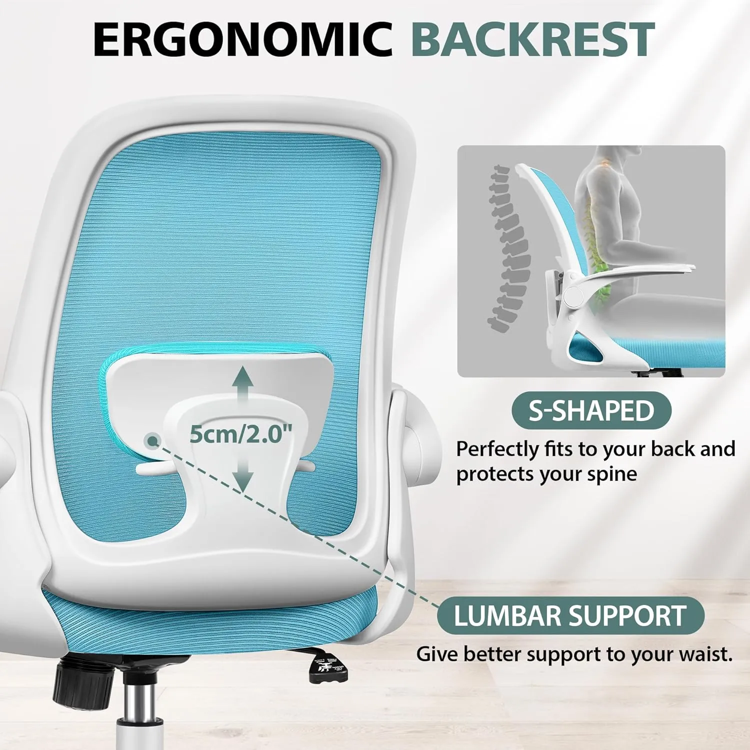 Office Chair Ergonomic Desk Chairs with Lumbar Support and Flip-up Arms, Comfortable Breathable Mesh Computer Executive Chair with Swivel Task, Adjustable Height 4'', Home, Bedroom - Blue