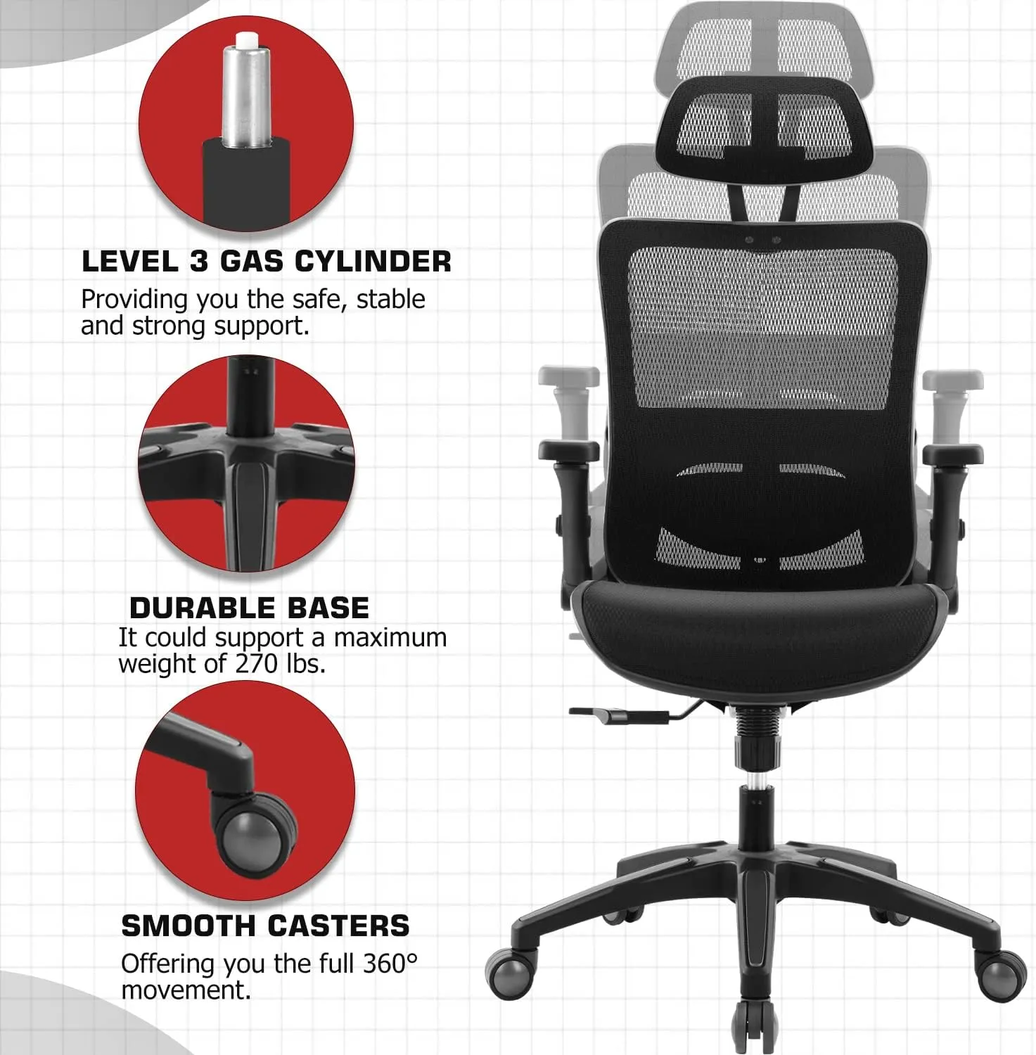 Office Chair Ergonomic Mesh Chair High Back Computer Desk Chair with 3D Armrest Adjustable Lumbar Support and Headrest Receling Chair, Black
