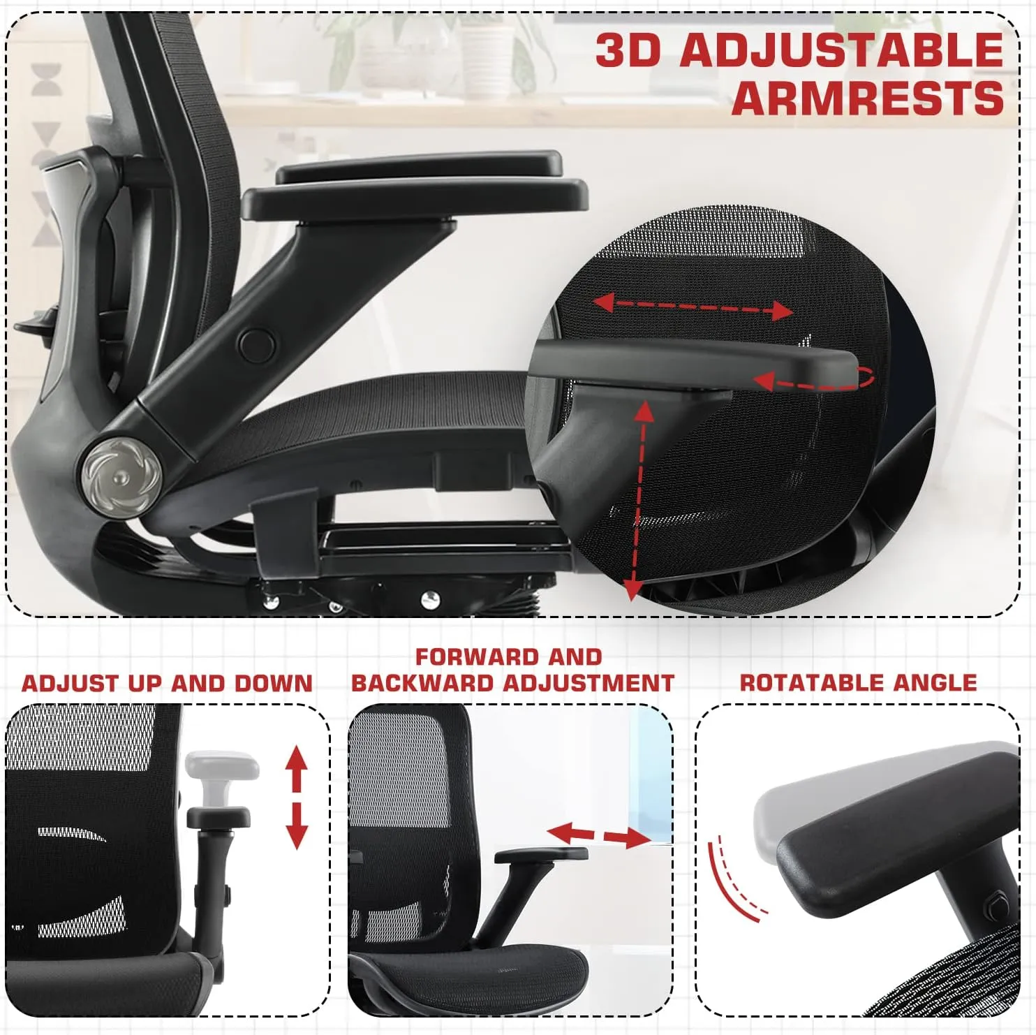 Office Chair Ergonomic Mesh Chair High Back Computer Desk Chair with 3D Armrest Adjustable Lumbar Support and Headrest Receling Chair, Black