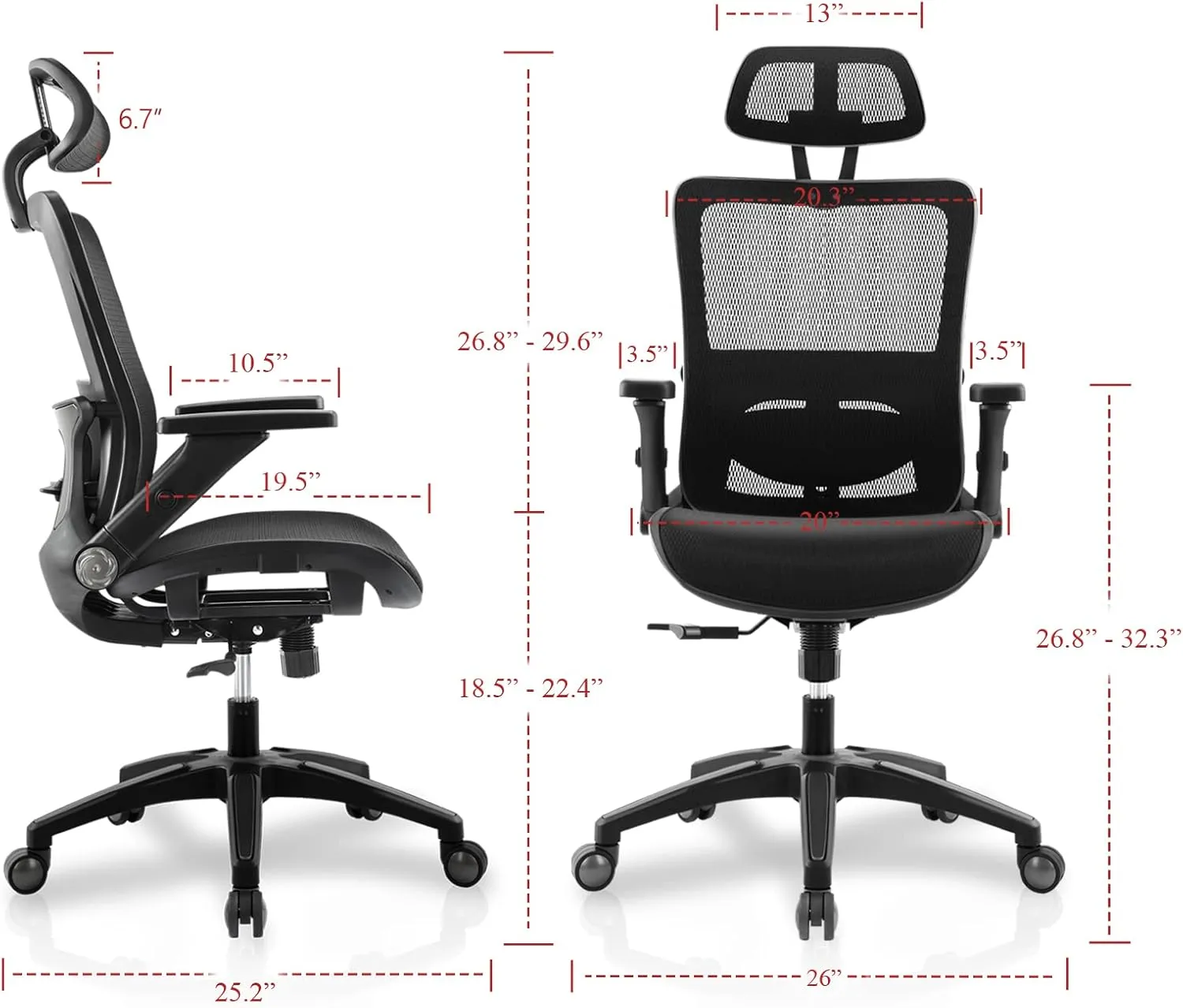 Office Chair Ergonomic Mesh Chair High Back Computer Desk Chair with 3D Armrest Adjustable Lumbar Support and Headrest Receling Chair, Black