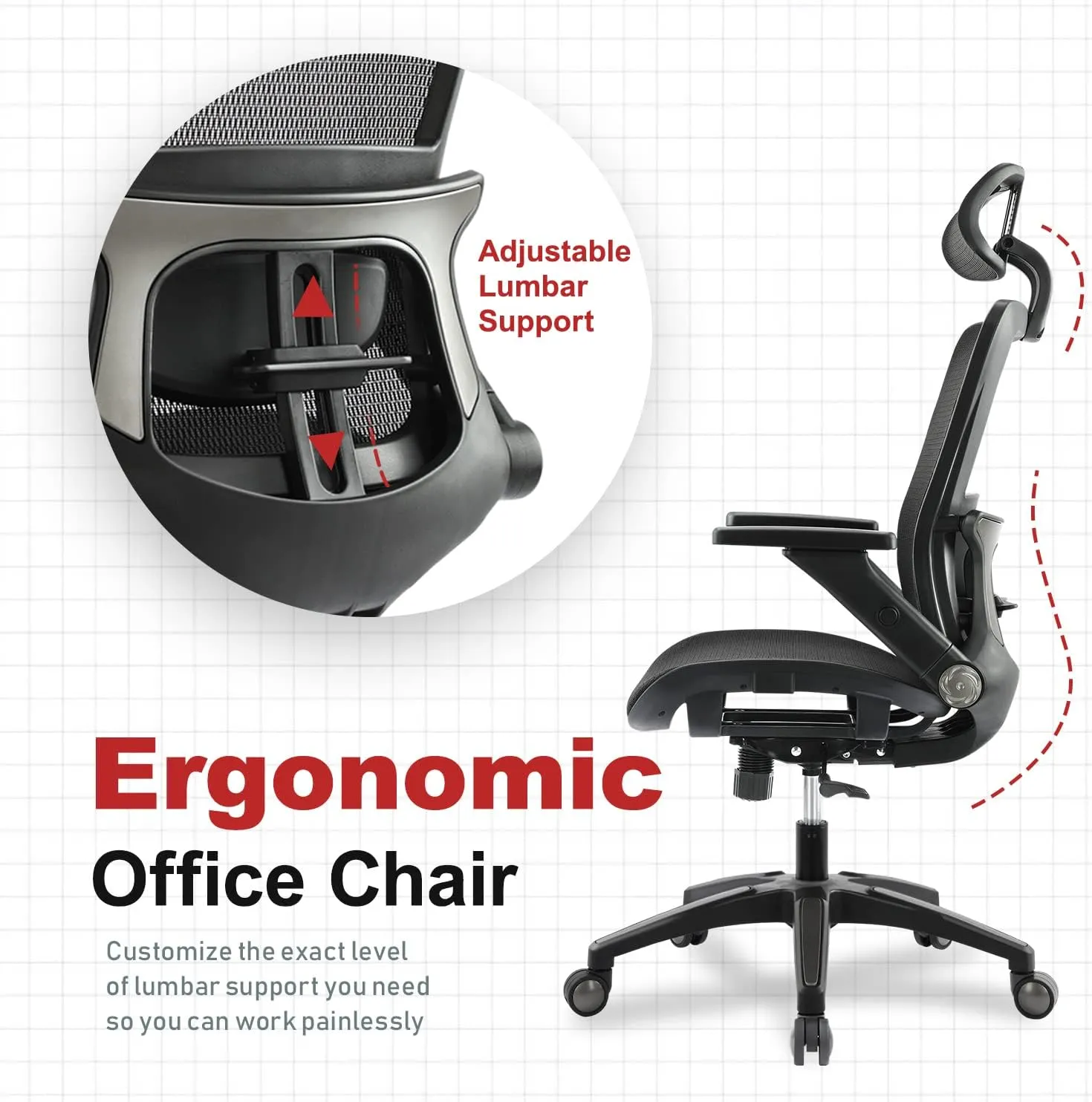 Office Chair Ergonomic Mesh Chair High Back Computer Desk Chair with 3D Armrest Adjustable Lumbar Support and Headrest Receling Chair, Black
