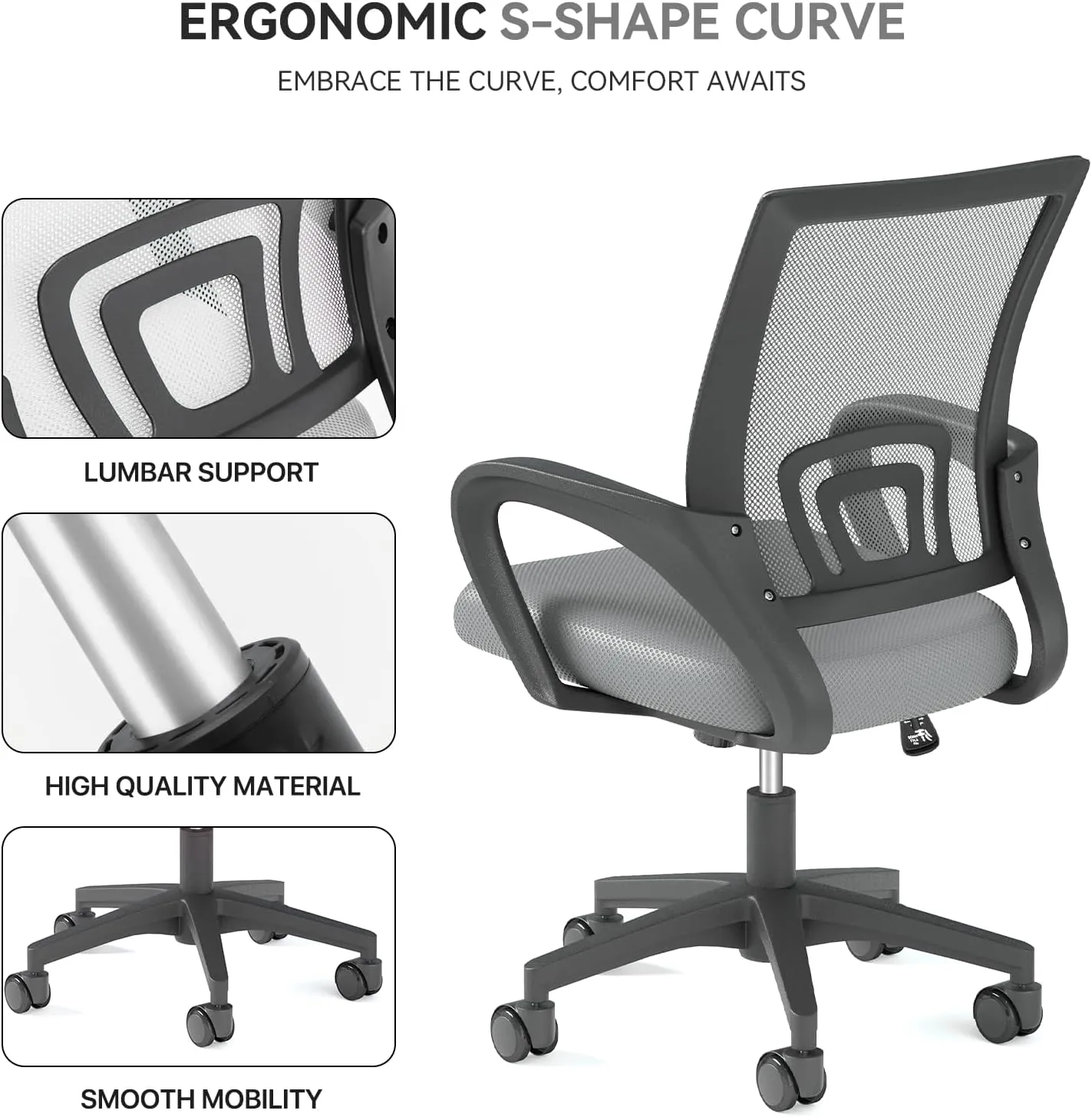 Office Chair, Ergonomic Mid-Back Mesh Desk Chair with Lumbar Support, Adjustable Height Computer Chair with Rolling Wheels Design,Comfy Armrest for Work, Study, Gaming, Light Gray