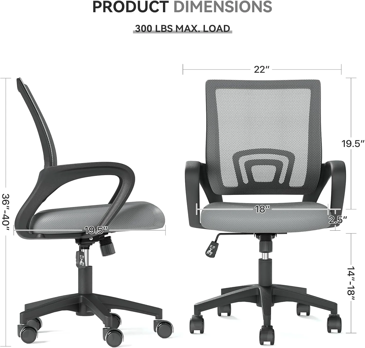 Office Chair, Ergonomic Mid-Back Mesh Desk Chair with Lumbar Support, Adjustable Height Computer Chair with Rolling Wheels Design,Comfy Armrest for Work, Study, Gaming, Light Gray