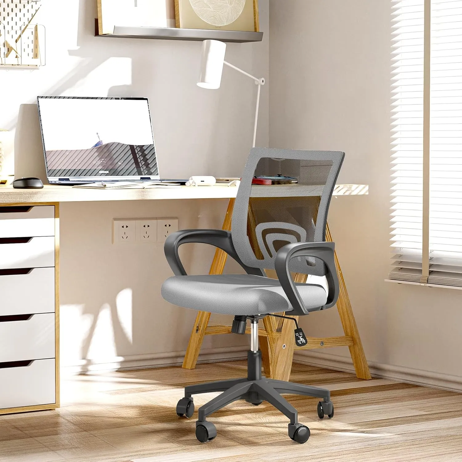 Office Chair, Ergonomic Mid-Back Mesh Desk Chair with Lumbar Support, Adjustable Height Computer Chair with Rolling Wheels Design,Comfy Armrest for Work, Study, Gaming, Light Gray