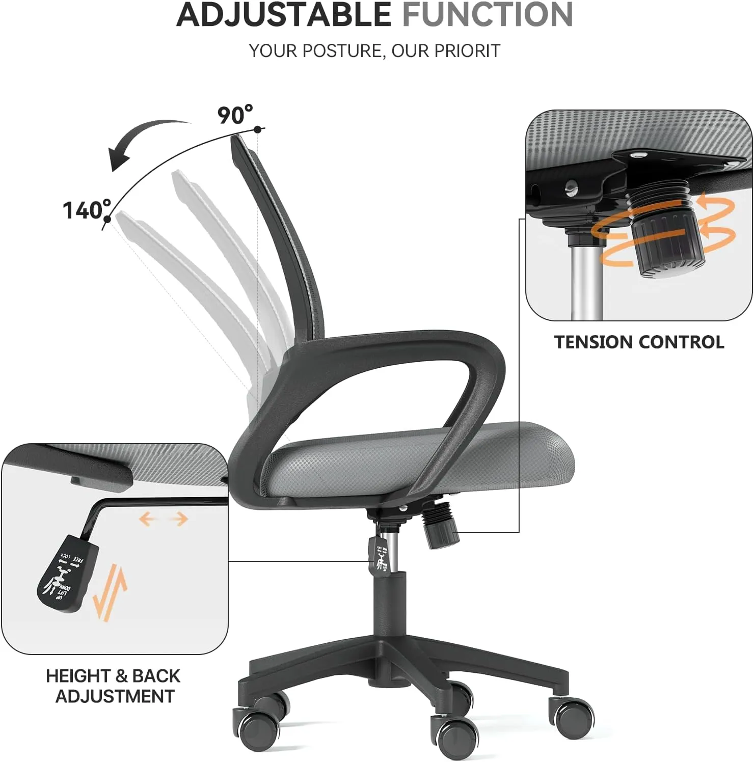 Office Chair, Ergonomic Mid-Back Mesh Desk Chair with Lumbar Support, Adjustable Height Computer Chair with Rolling Wheels Design,Comfy Armrest for Work, Study, Gaming, Light Gray