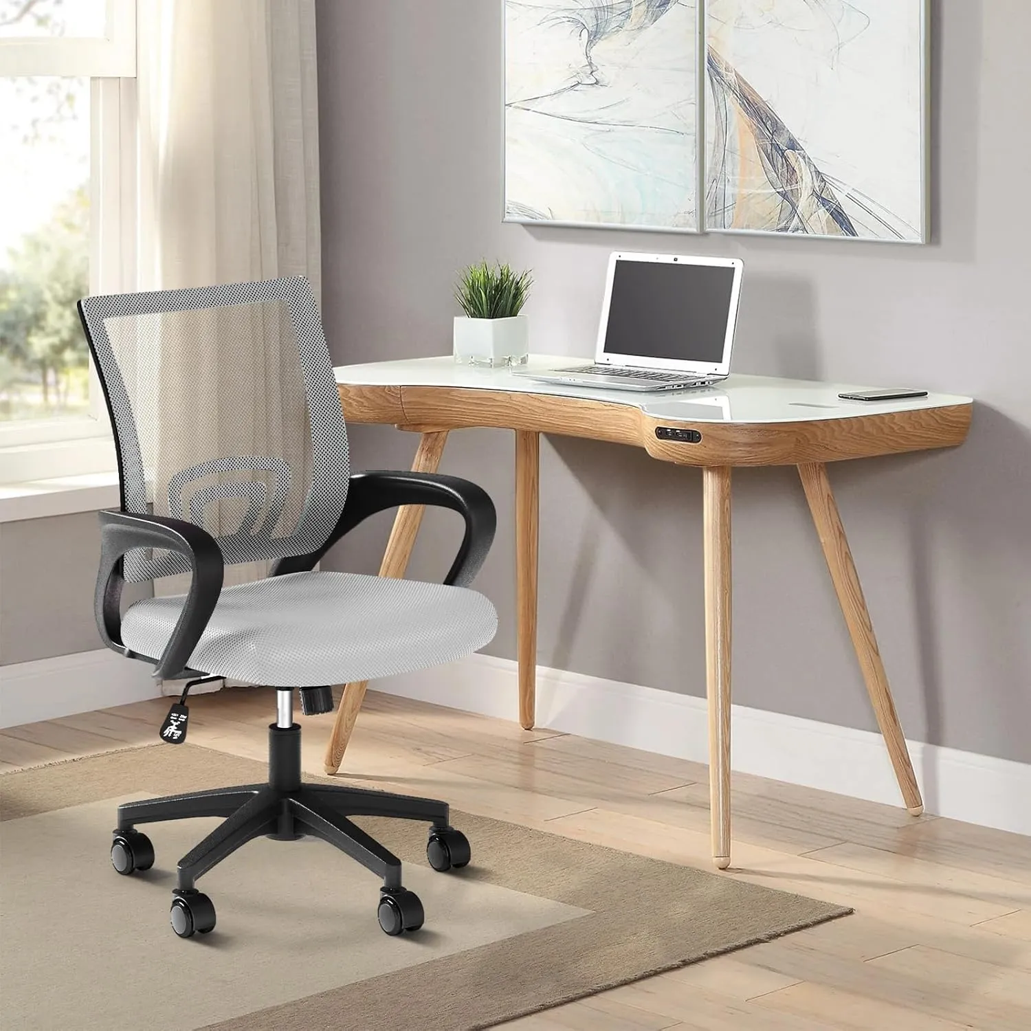 Office Chair, Ergonomic Mid-Back Mesh Desk Chair with Lumbar Support, Adjustable Height Computer Chair with Rolling Wheels Design,Comfy Armrest for Work, Study, Gaming, Light Gray