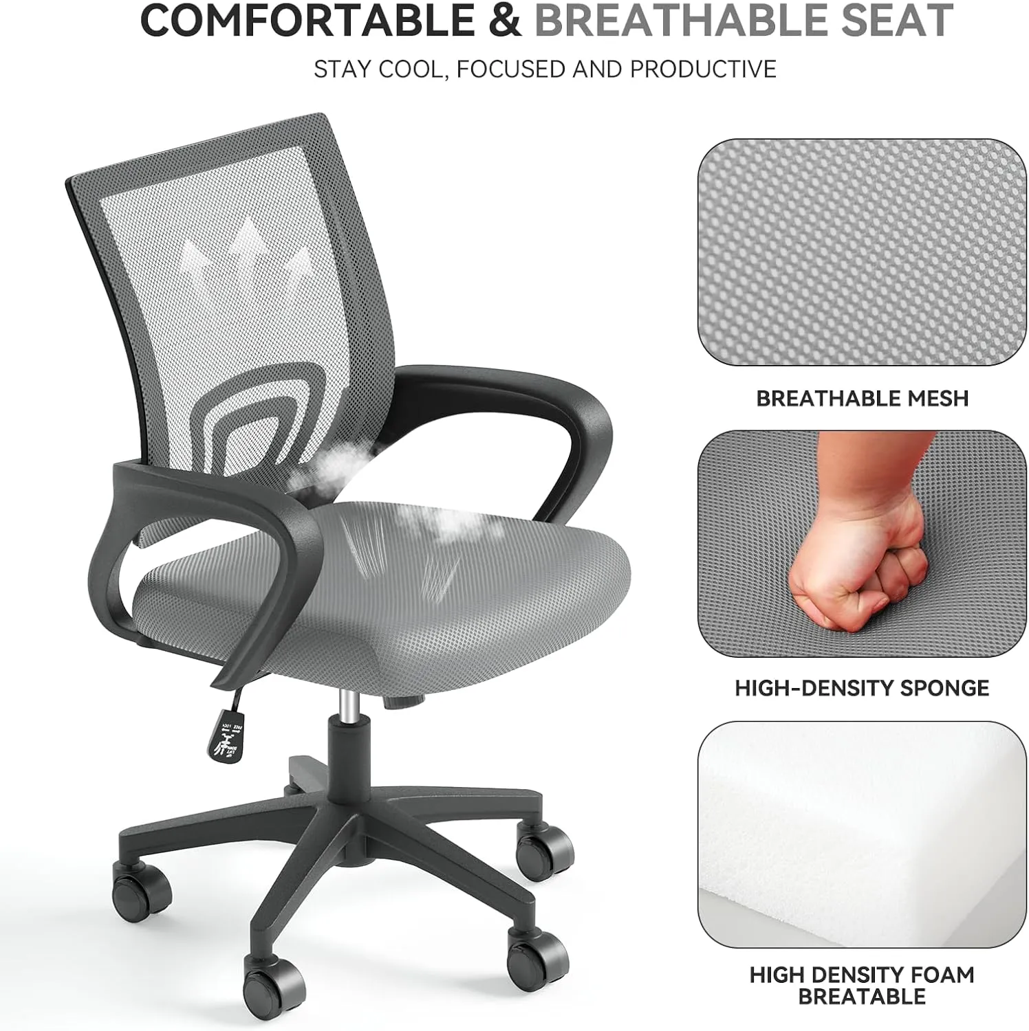 Office Chair, Ergonomic Mid-Back Mesh Desk Chair with Lumbar Support, Adjustable Height Computer Chair with Rolling Wheels Design,Comfy Armrest for Work, Study, Gaming, Light Gray