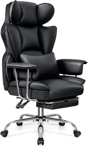 Office Desk Chair, Big and Tall Executive Office Chair with Footrest, Leather Computer Chair, Ergonomic Reclining Chair High Back with Lumbar Support, Large Home Office Chair (Black)