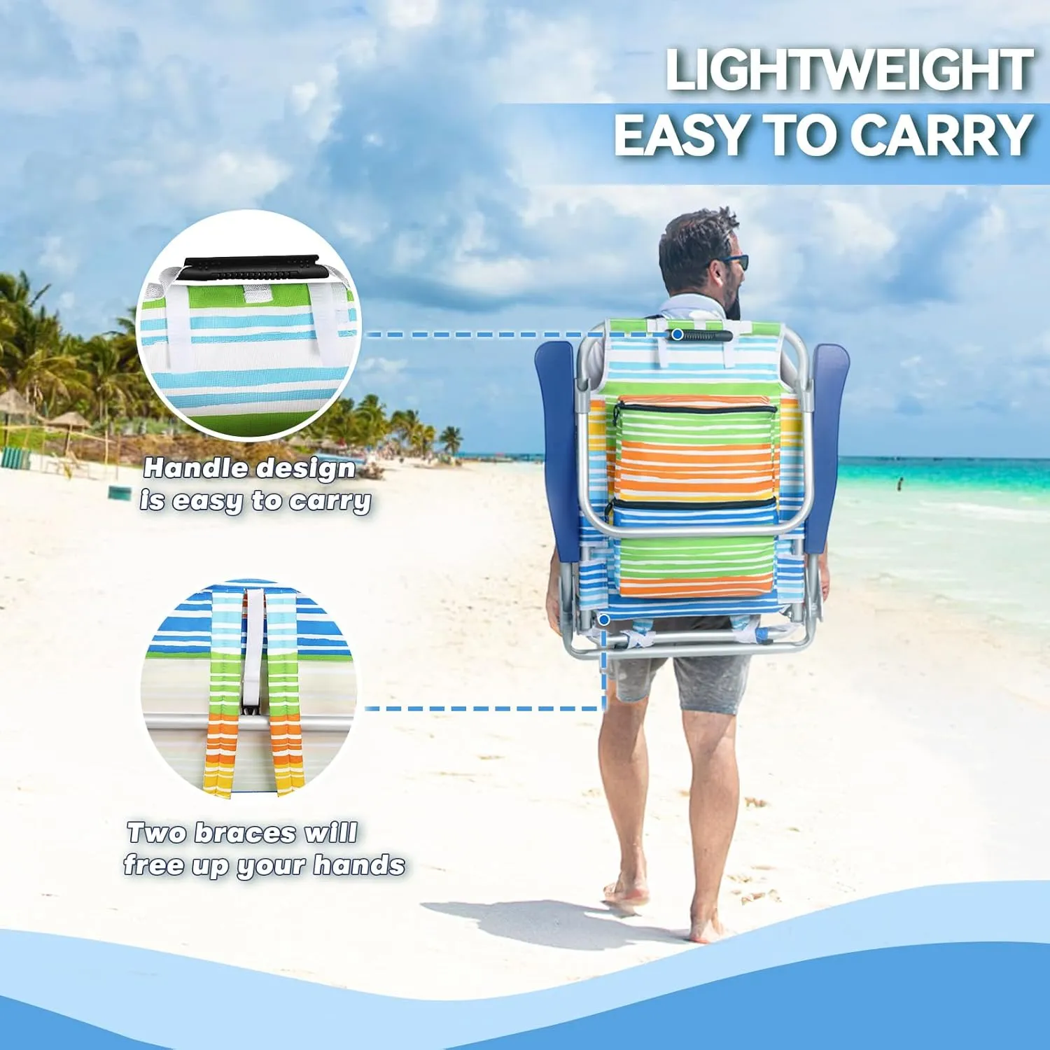 OFIKA Backpack Beach Chairs for Adults, Folding Beach Chairs with 5 Adjustable Positions,Camping Chairs with Headrest,Towel Rack and Cup Holder,Supports up to 300lbs (Colorful, 1 Pack)