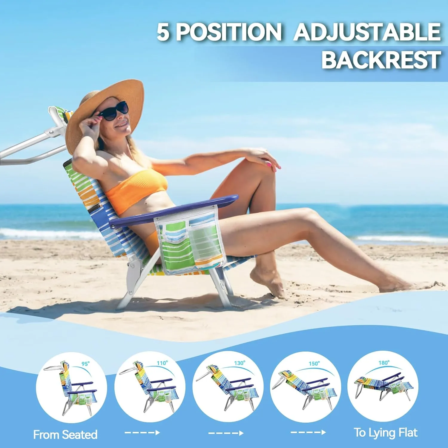 OFIKA Backpack Beach Chairs for Adults, Folding Beach Chairs with 5 Adjustable Positions,Camping Chairs with Headrest,Towel Rack and Cup Holder,Supports up to 300lbs (Colorful, 1 Pack)