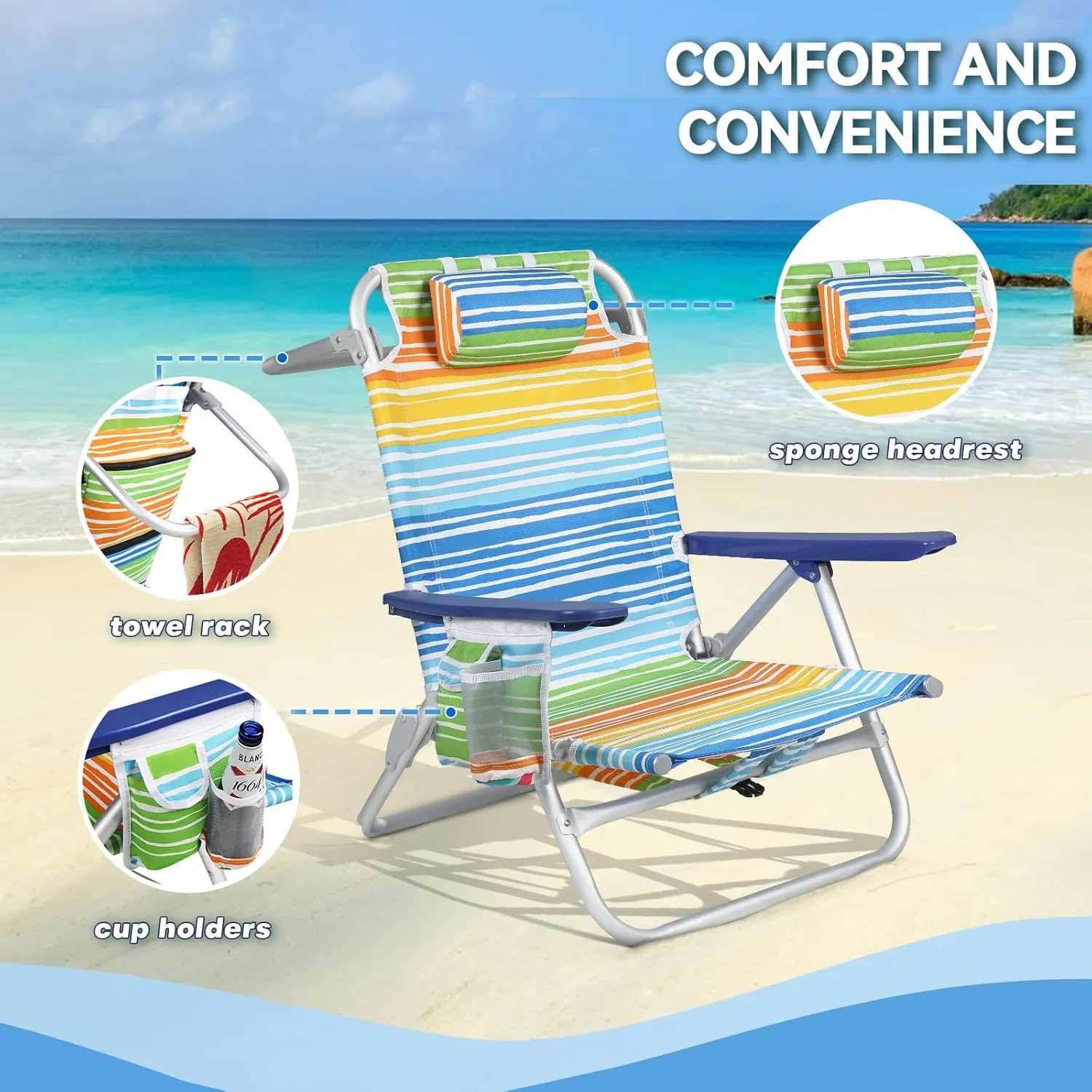 OFIKA Backpack Beach Chairs for Adults, Folding Beach Chairs with 5 Adjustable Positions,Camping Chairs with Headrest,Towel Rack and Cup Holder,Supports up to 300lbs (Colorful, 1 Pack)