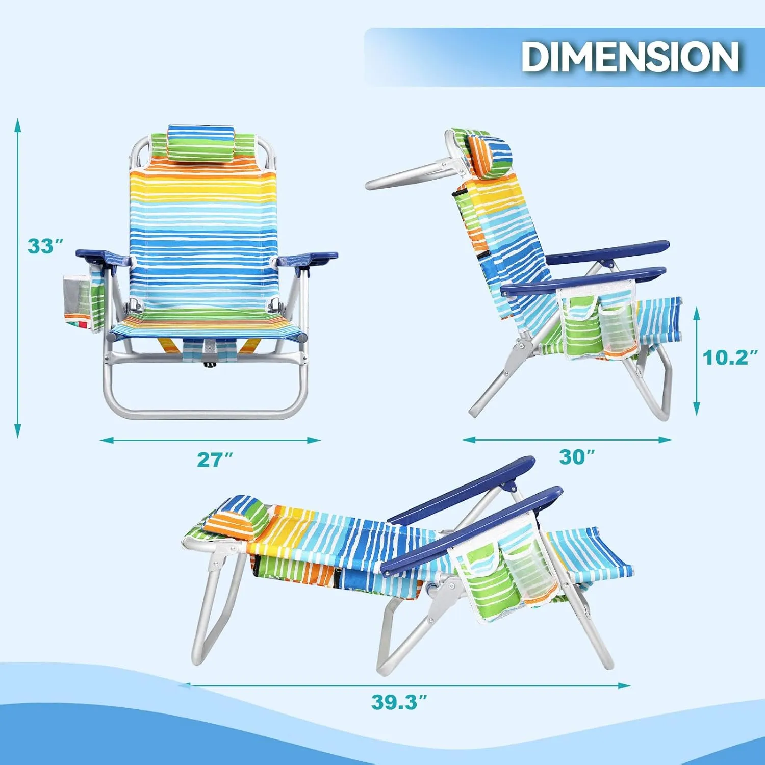 OFIKA Backpack Beach Chairs for Adults, Folding Beach Chairs with 5 Adjustable Positions,Camping Chairs with Headrest,Towel Rack and Cup Holder,Supports up to 300lbs (Colorful, 1 Pack)