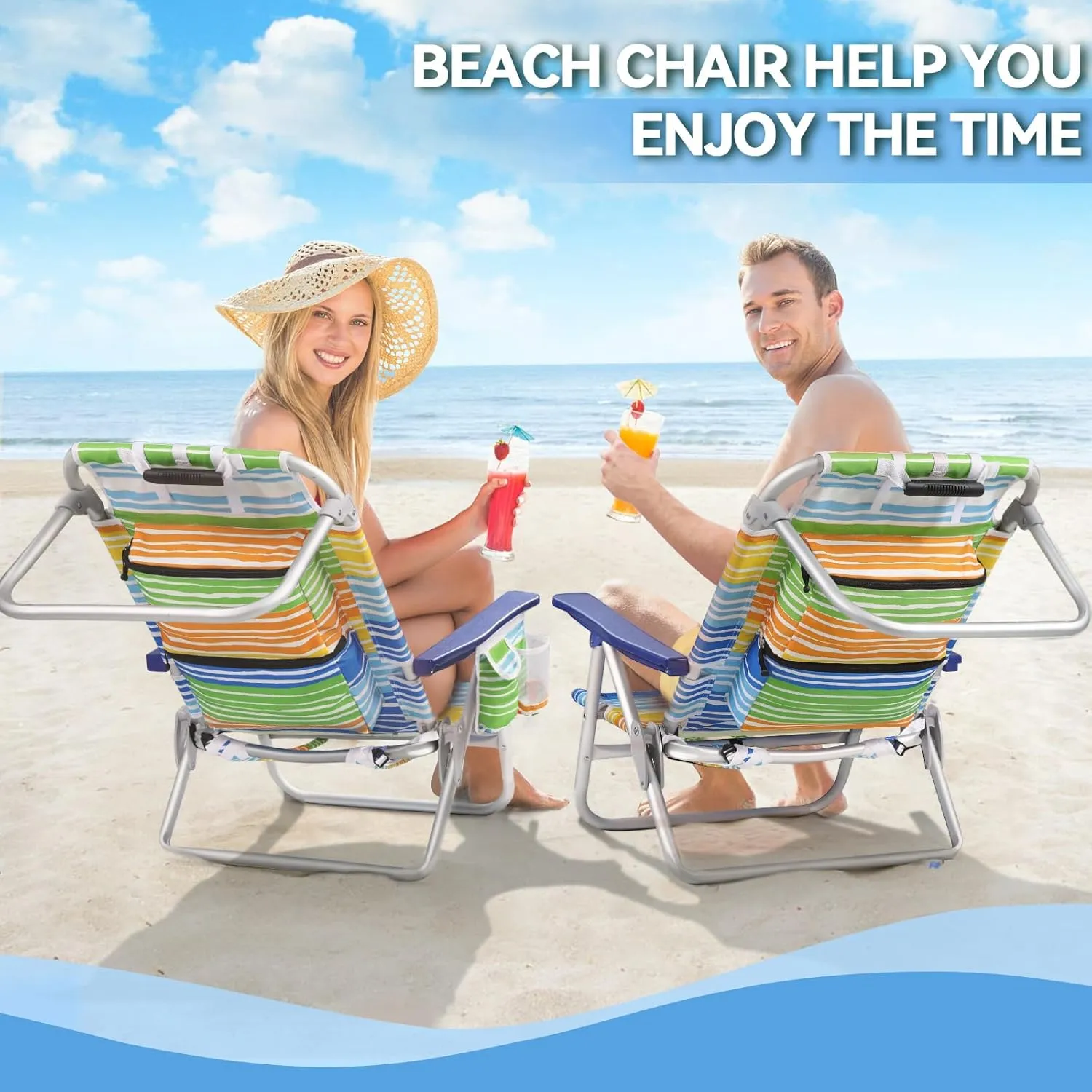 OFIKA Backpack Beach Chairs for Adults, Folding Beach Chairs with 5 Adjustable Positions,Camping Chairs with Headrest,Towel Rack and Cup Holder,Supports up to 300lbs (Colorful, 1 Pack)