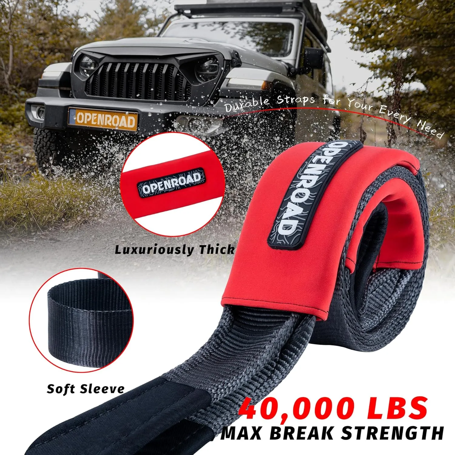 OPENROAD 4" x8' Tree Saver Strap – 40,000LB Break Strength Heavy-Duty Recovery Tow Strap for Off-Road Trucks, Jeep – Winch Extension with Carry Bag