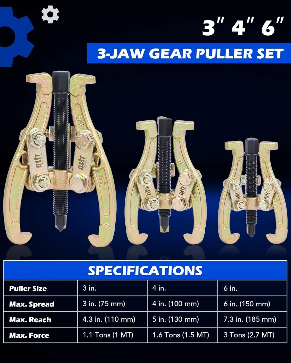 Orion Motor Tech Gear Puller Set, 3" 4" 6" 3 Jaw Puller Kit for Pulley Gear Bearing Flywheel Removal, Heavy Duty Pulley Puller with Reversible Jaws 3 pcs Bearing Puller Tool Kit