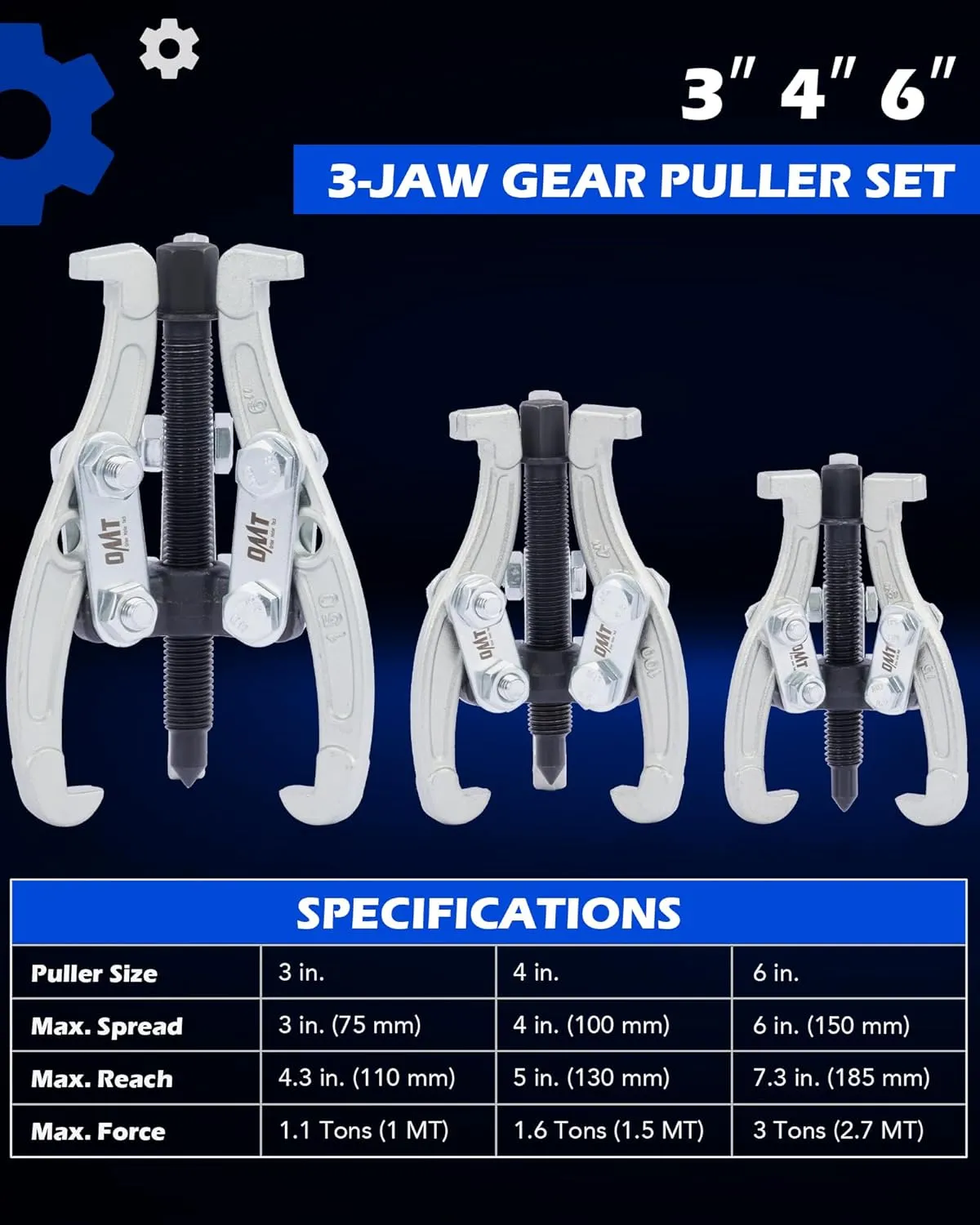 Orion Motor Tech Gear Puller Set, 3" 4" 6" 3 Jaw Puller Kit for Pulley Gear Bearing Flywheel Removal, Heavy Duty Pulley Puller with Reversible Jaws 3 pcs Bearing Puller Tool Kit