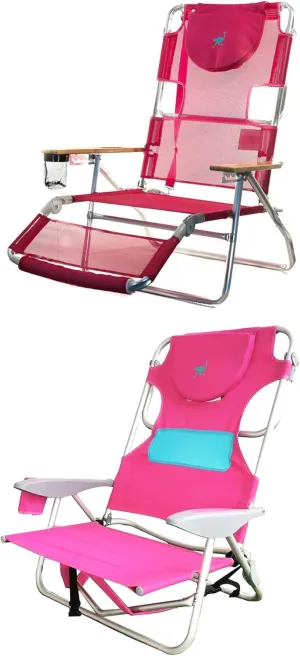 Ostrich 3-in-1 Reclining Beach Chair and Ladies Comfort On-Your-Back Adjustable & Portable Beach Chair with Backpack Straps and Cup Holder, Pink