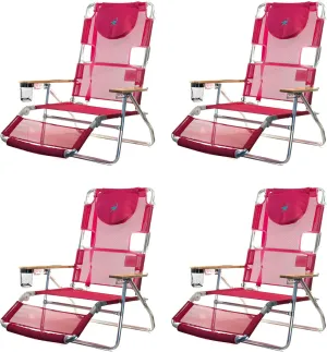 Ostrich 3-N-1 Lightweight Comfortable Aluminum Multi-Position Relaxing Reclining Beach Chair, Pink (4 Pack)