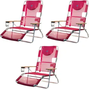 Ostrich Altitude 3-in-1 16-Inch Reclining Beach Chair with 5 Adjustable Chair Position, Carrying Straps and Cupholder, Pink (3 Pack)