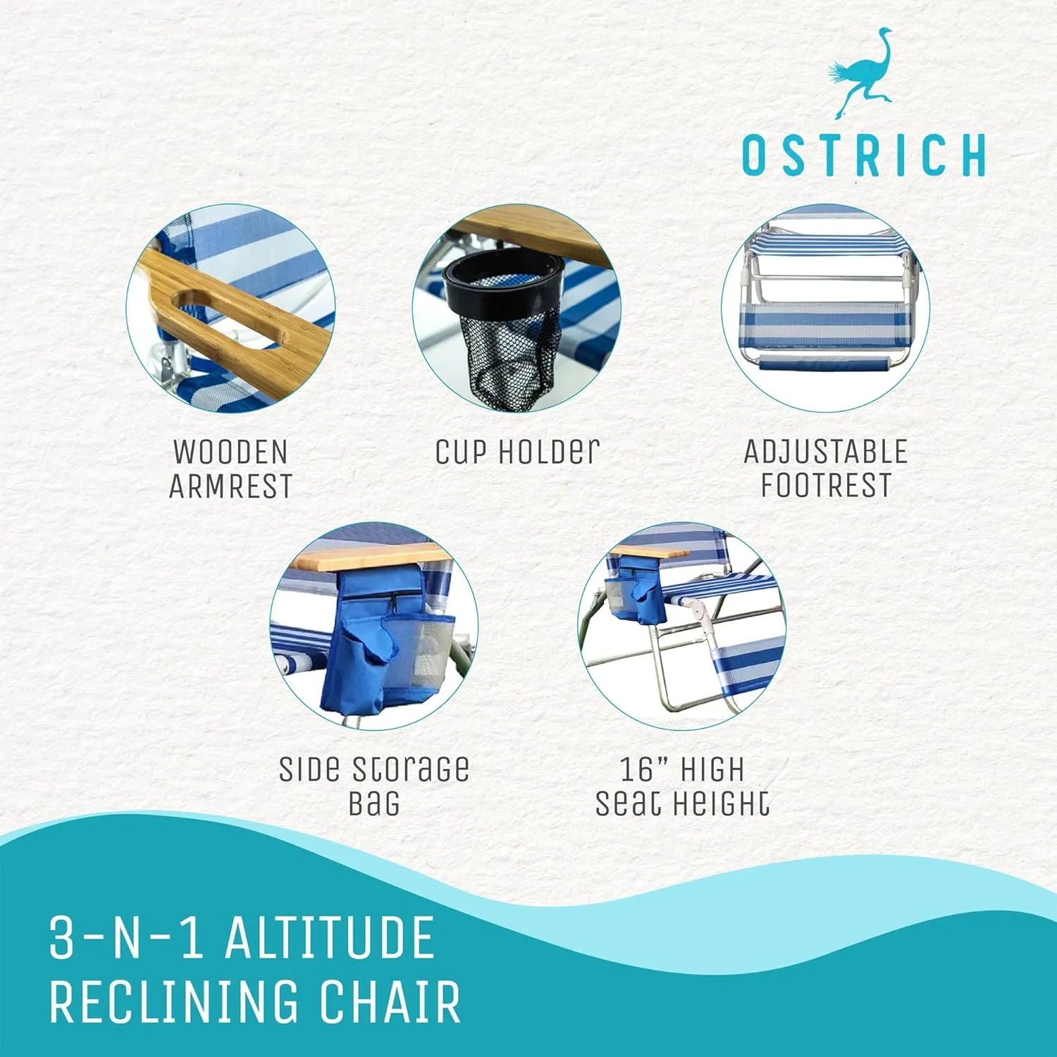 Ostrich Altitude 3N1 Lightweight Lawn Beach Reclining Lounge Chair w/Footrest, Outdoor Furniture for Patio, Balcony, Backyard, or Porch, Blue Stripe