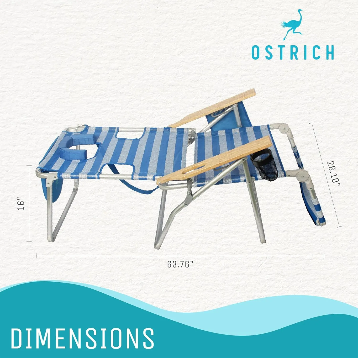 Ostrich Altitude 3N1 Lightweight Lawn Beach Reclining Lounge Chair w/Footrest, Outdoor Furniture for Patio, Balcony, Backyard, or Porch, Blue Stripe