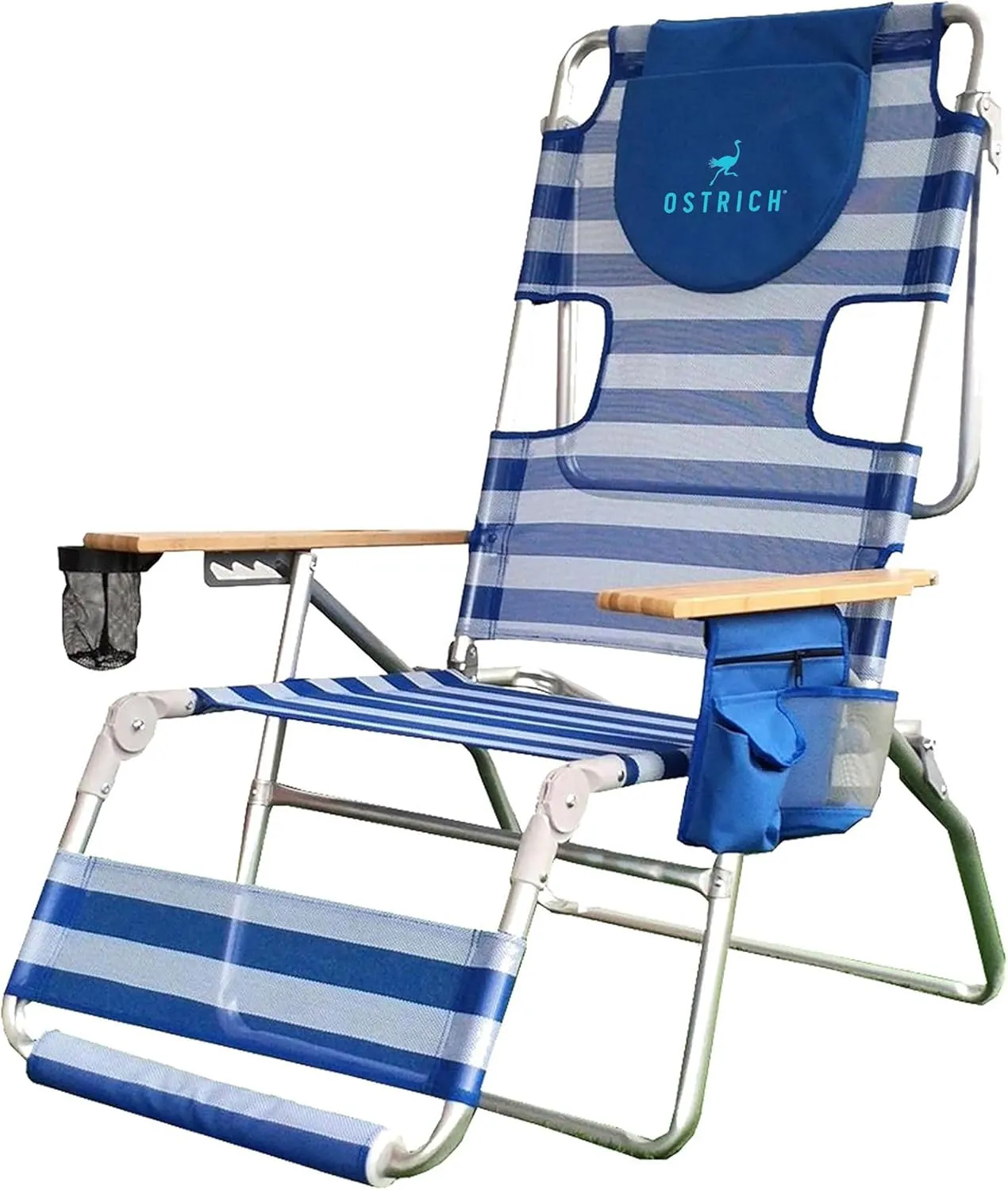 Ostrich Altitude 3N1 Lightweight Lawn Beach Reclining Lounge Chair w/Footrest, Outdoor Furniture for Patio, Balcony, Backyard, or Porch, Blue Stripe