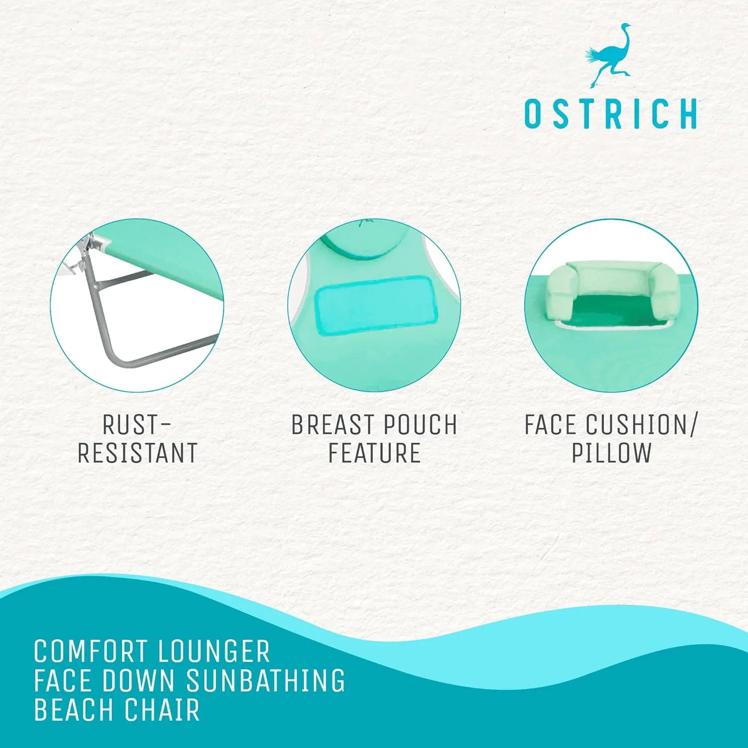 Ostrich Ladies Comfort Lounger with Chest Support, Portable Reclining Outdoor Patio Beach Lawn Camping Pool Tanning Chair, Teal