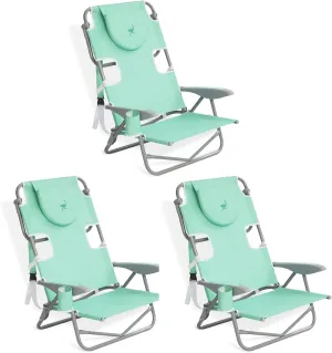 Ostrich Lightweight Portable Outdoor On Your Back Folding Chair for Relaxing with 5 Seat Adjustment Backpack Straps and Cup Holder, Teal (3 Pack)