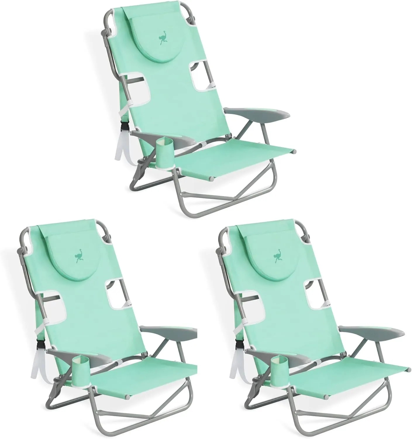 Ostrich Lightweight Portable Outdoor On Your Back Folding Chair for Relaxing with 5 Seat Adjustment Backpack Straps and Cup Holder, Teal (3 Pack)