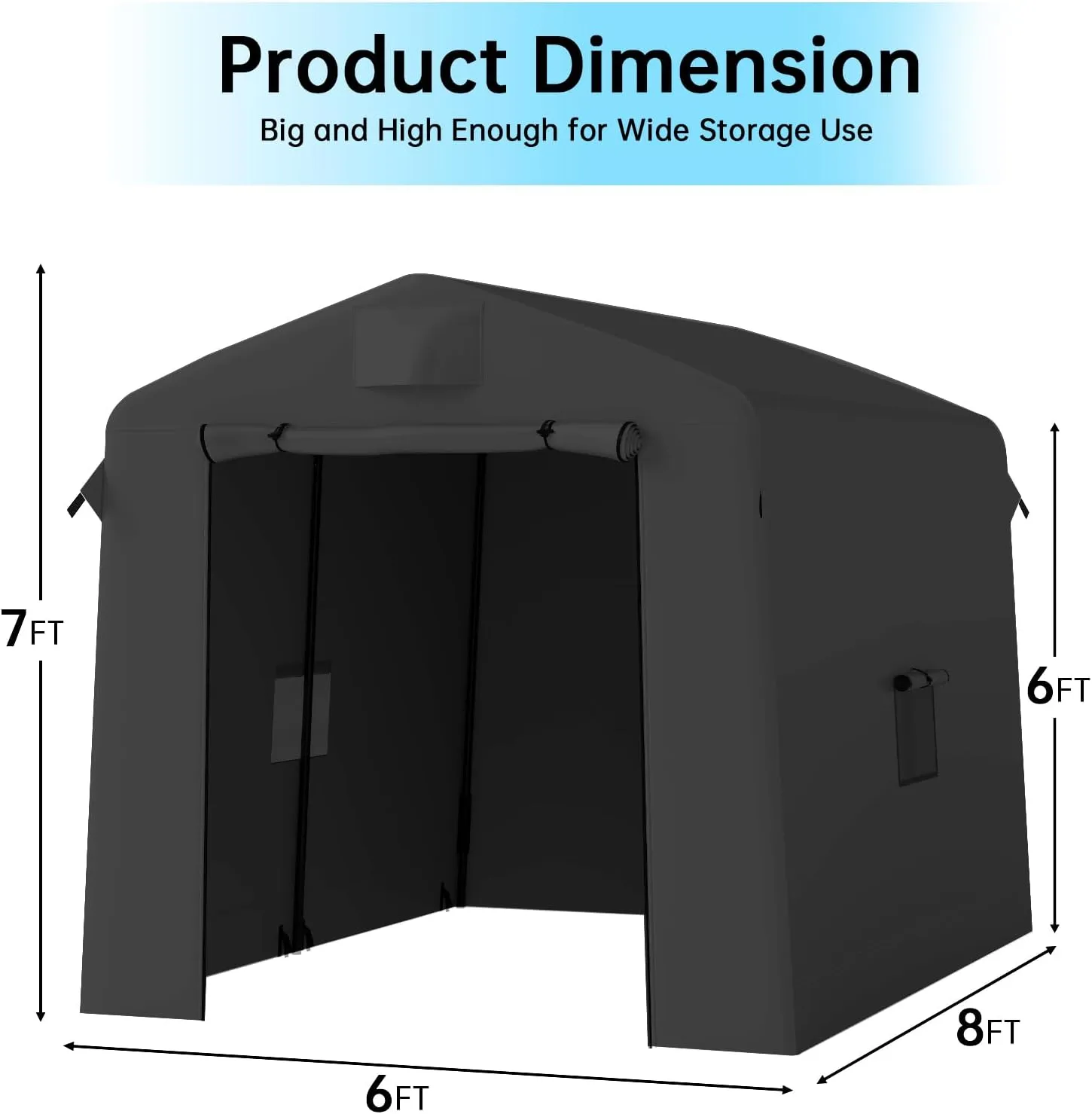 Outdoor 6x8 ft Portable Storage Shed – Waterproof & UV-Resistant Outdoor Shelter with 2 Roll-Up Zipper Doors & Vents, Motorcycle Carport, Garage Kit Tent - Black