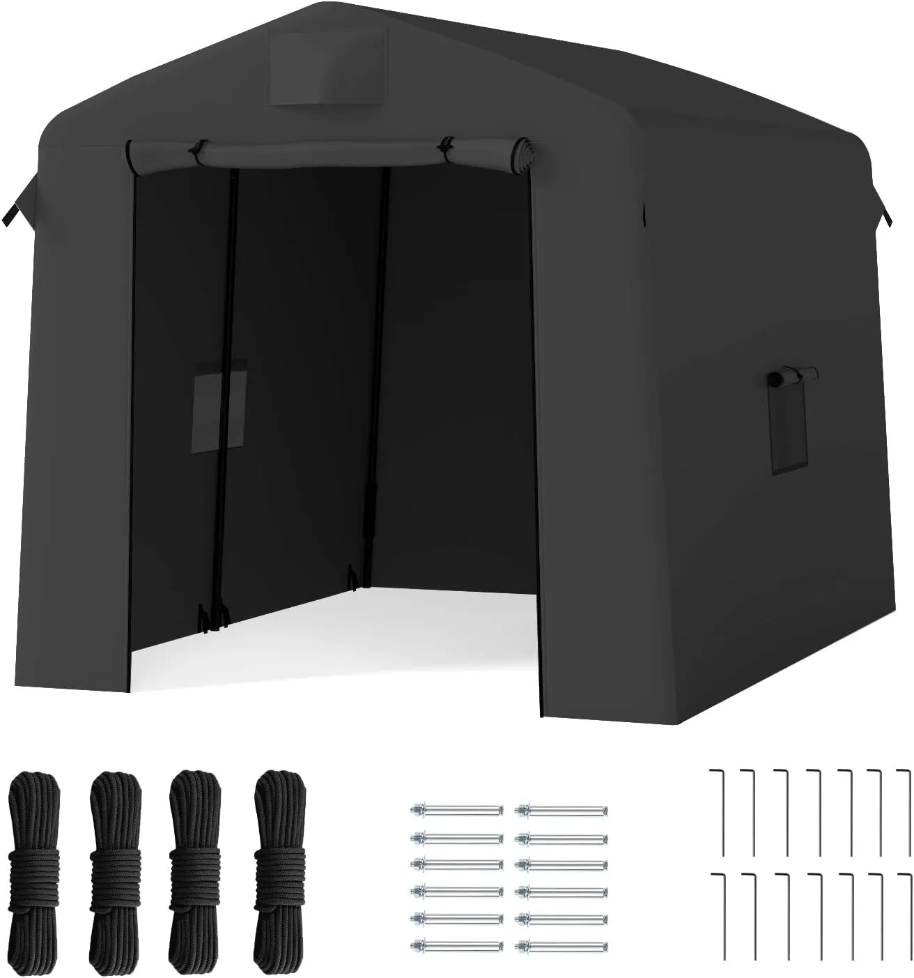 Outdoor 6x8 ft Portable Storage Shed – Waterproof & UV-Resistant Outdoor Shelter with 2 Roll-Up Zipper Doors & Vents, Motorcycle Carport, Garage Kit Tent - Black