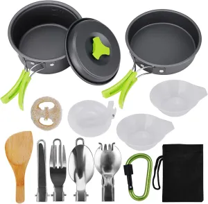 Outdoor Cookware CamCookware, 15Pcs Backpacking Gear Hiking Outdoors Non SCamCookware Set 1-2 People Lightweight Compact Pot Pan Bowls