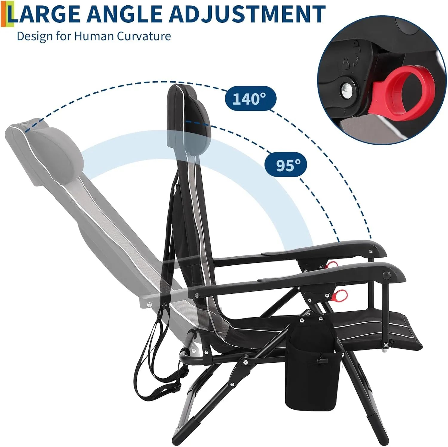 Outdoor Folding Chaise Lounge Chair - Supports Up to 330lbs, Dual Lock Portable Chair with Adjustable Backrest, Headrest, Straps & Storage Bag, Portable Recliner for Camping, Patio, Garden, Beach