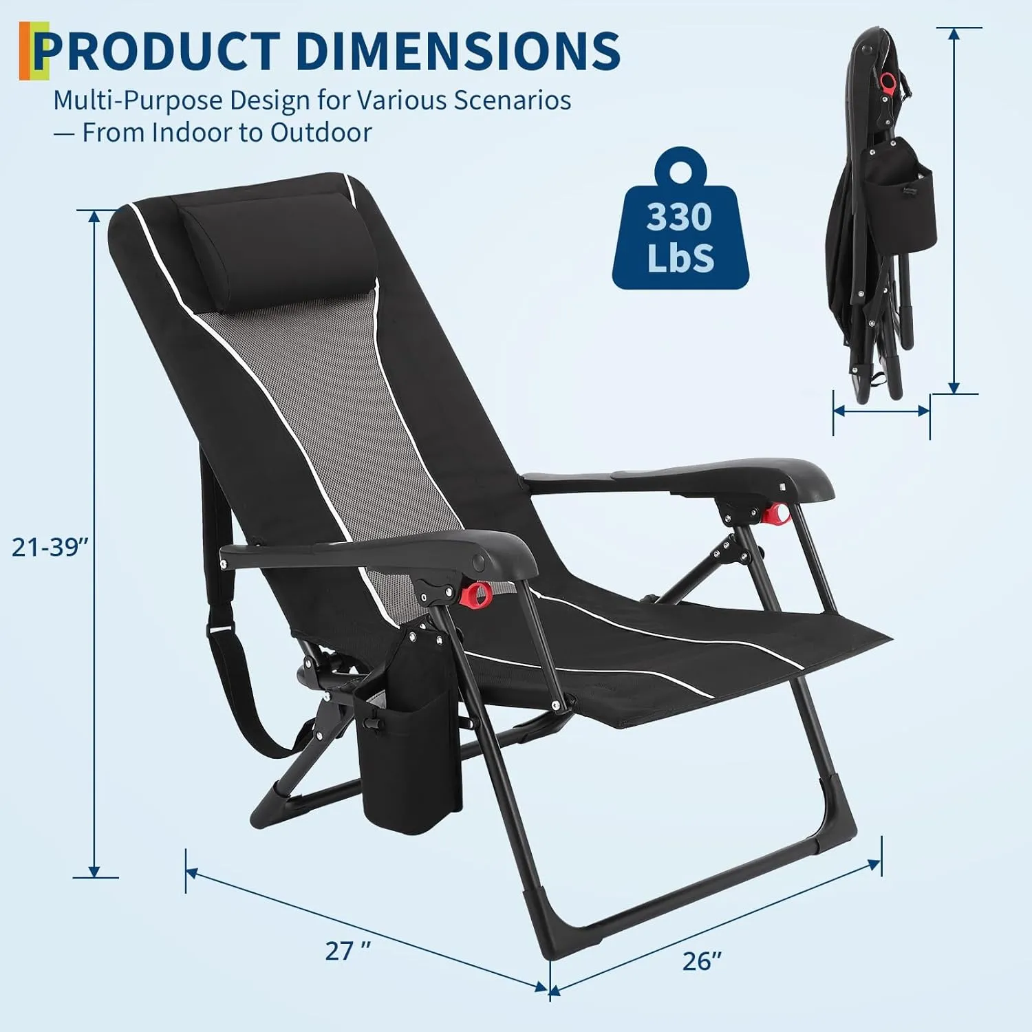 Outdoor Folding Chaise Lounge Chair - Supports Up to 330lbs, Dual Lock Portable Chair with Adjustable Backrest, Headrest, Straps & Storage Bag, Portable Recliner for Camping, Patio, Garden, Beach