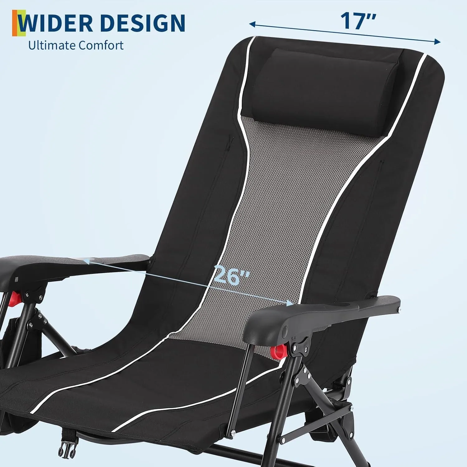 Outdoor Folding Chaise Lounge Chair - Supports Up to 330lbs, Dual Lock Portable Chair with Adjustable Backrest, Headrest, Straps & Storage Bag, Portable Recliner for Camping, Patio, Garden, Beach