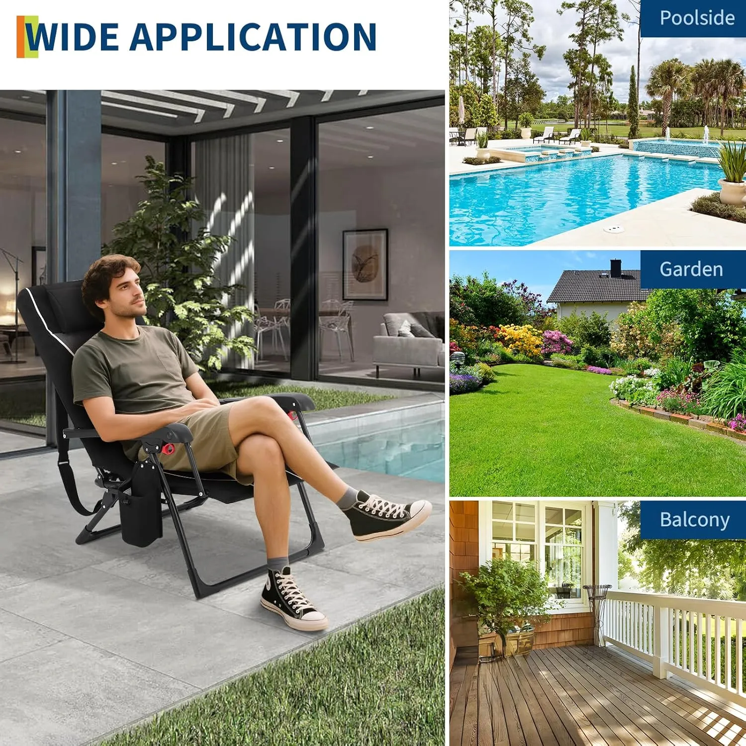 Outdoor Folding Chaise Lounge Chair - Supports Up to 330lbs, Dual Lock Portable Chair with Adjustable Backrest, Headrest, Straps & Storage Bag, Portable Recliner for Camping, Patio, Garden, Beach