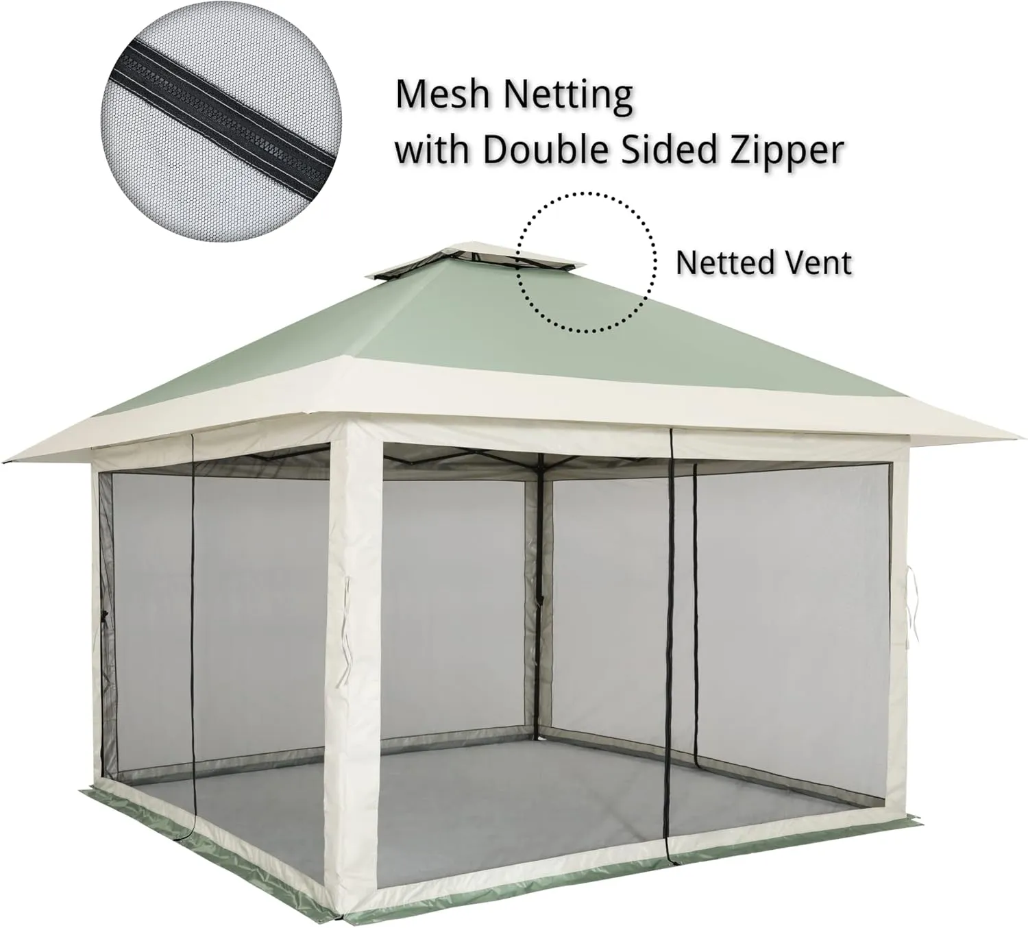 OUTDOOR LIVING SUNTIME 13x13 Instant Pop Up Gazebo Canopy Tent Shelter with Zippered Mesh Mosquito Netting, Wheeled Roller Carry Bag, Bonus Weight Sandbags, Stakes, Ropes - Olive
