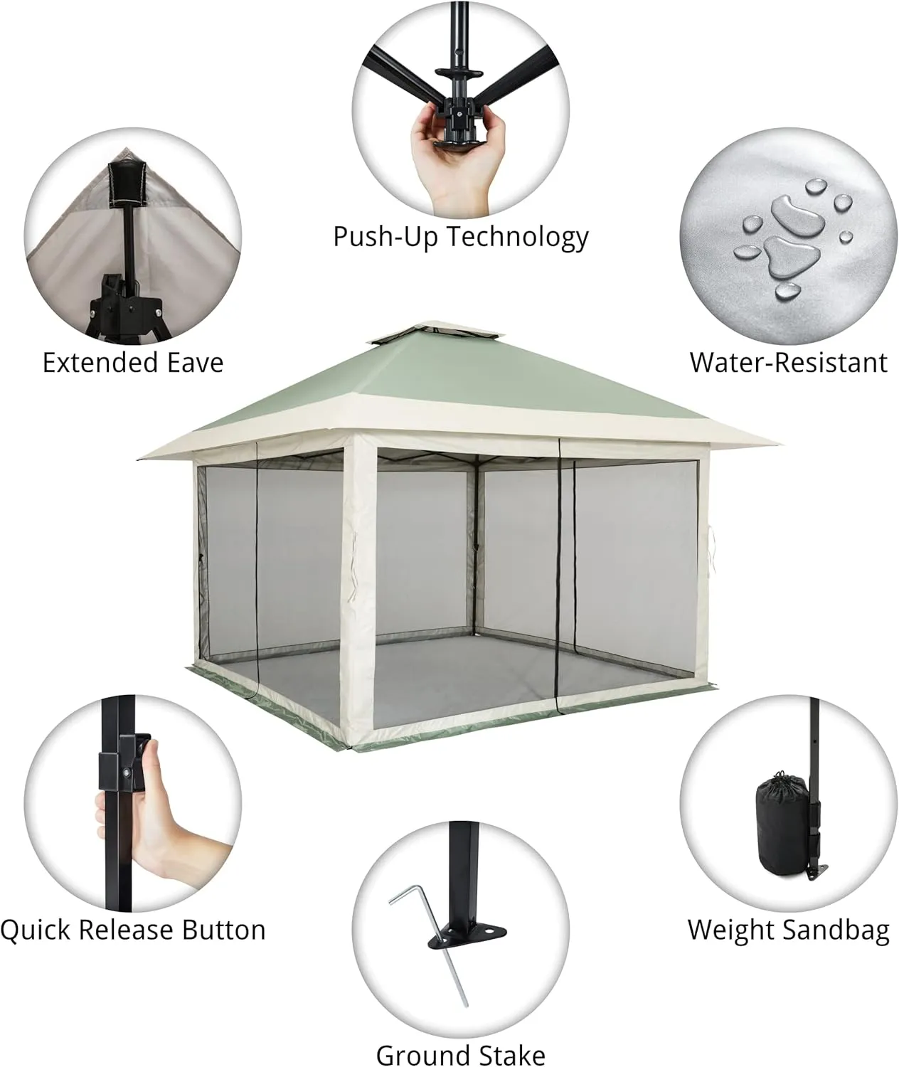 OUTDOOR LIVING SUNTIME 13x13 Instant Pop Up Gazebo Canopy Tent Shelter with Zippered Mesh Mosquito Netting, Wheeled Roller Carry Bag, Bonus Weight Sandbags, Stakes, Ropes - Olive