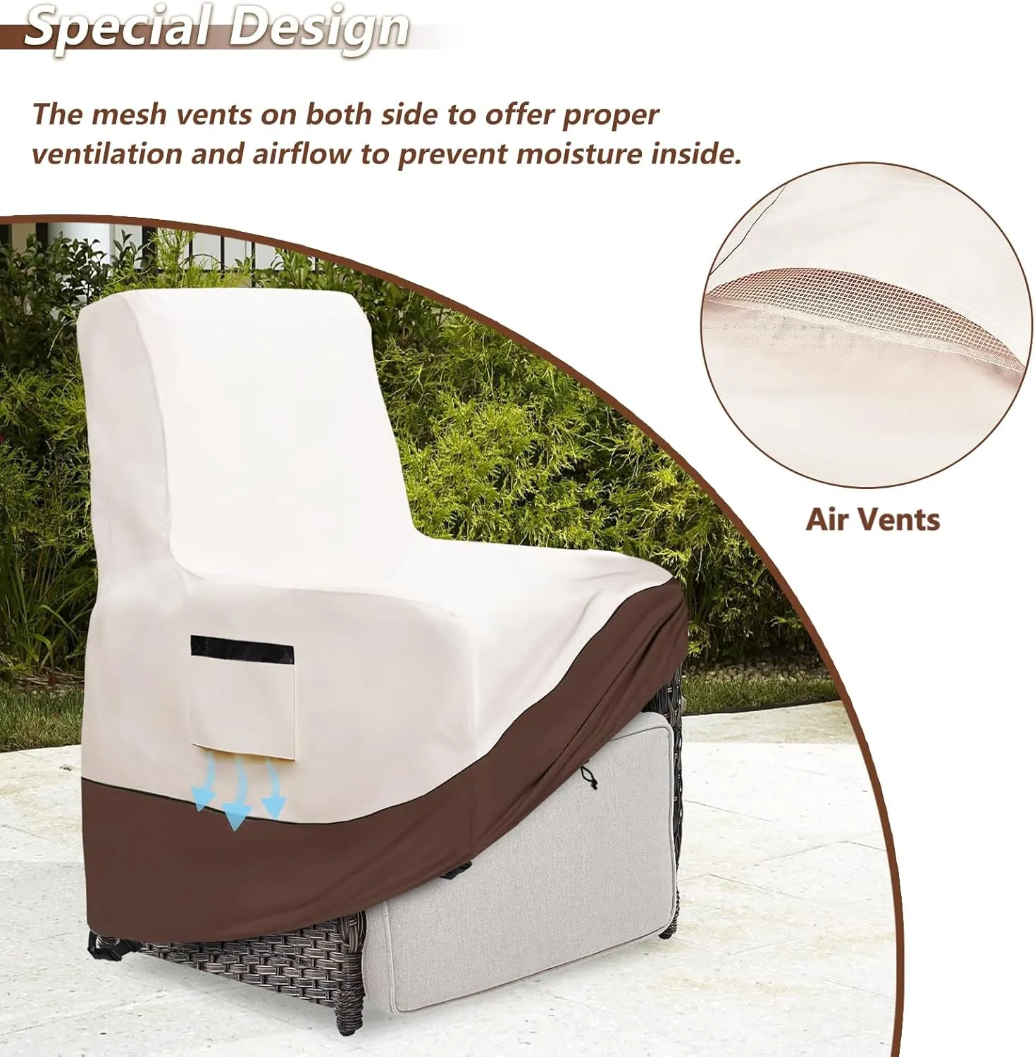 Outdoor Recliner Chair Cover,600D Heavy Duty Waterproof Patio Reclining Lounge Chair Cover,Outdoor Furniture Covers for Lawn/Garden Recliner Chiar,Beige&Brown