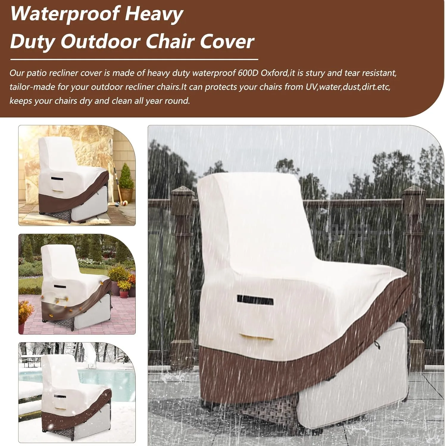 Outdoor Recliner Chair Cover,600D Heavy Duty Waterproof Patio Reclining Lounge Chair Cover,Outdoor Furniture Covers for Lawn/Garden Recliner Chiar,Beige&Brown