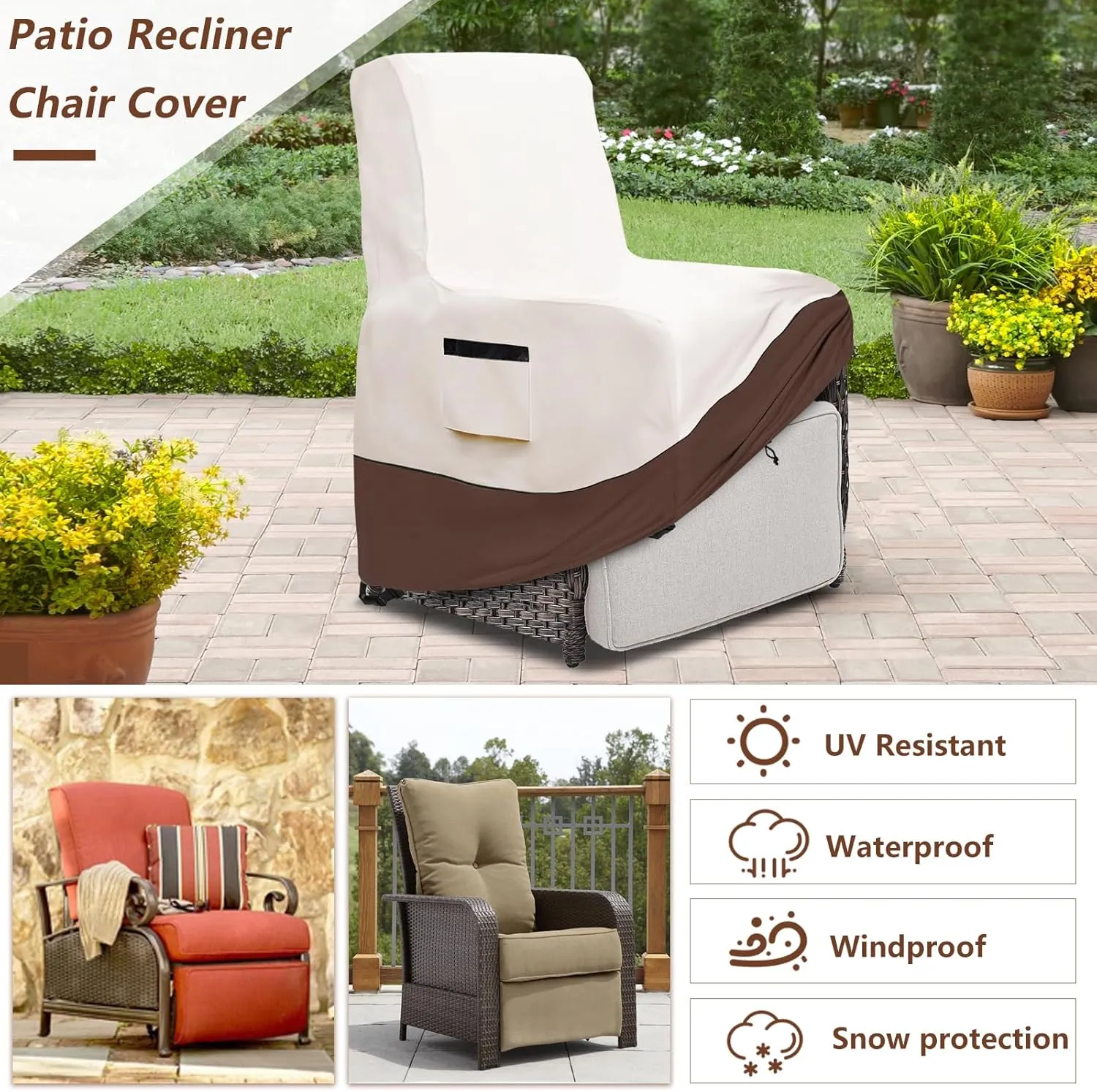 Outdoor Recliner Chair Cover,600D Heavy Duty Waterproof Patio Reclining Lounge Chair Cover,Outdoor Furniture Covers for Lawn/Garden Recliner Chiar,Beige&Brown