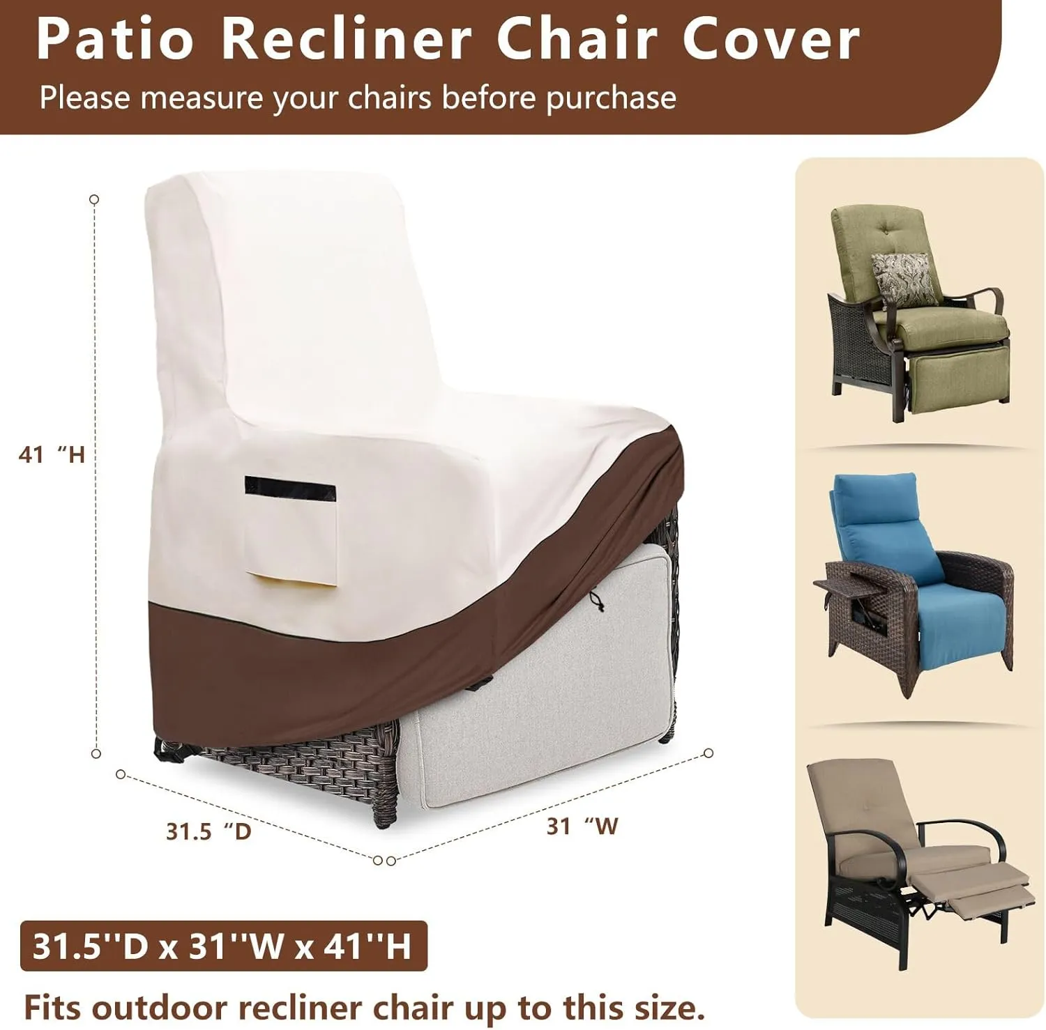 Outdoor Recliner Chair Cover,600D Heavy Duty Waterproof Patio Reclining Lounge Chair Cover,Outdoor Furniture Covers for Lawn/Garden Recliner Chiar,Beige&Brown