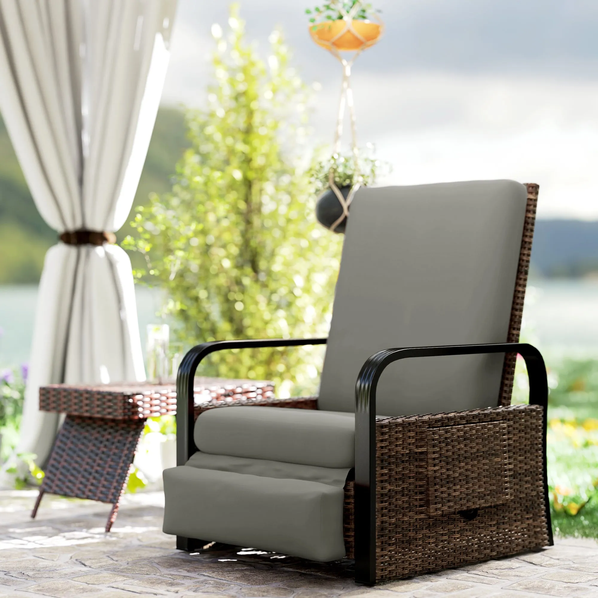 Outdoor Recliner Chair, Reclining Outdoor Lounge Chair with Adjustable Backrest and Footrest, Wicker Chair with Flip Side Table, Aluminum Armrests and Cushion, Light Grey