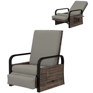 Outdoor Recliner Chair, Reclining Outdoor Lounge Chair with Adjustable Backrest and Footrest, Wicker Chair with Flip Side Table, Aluminum Armrests and Cushion, Light Grey