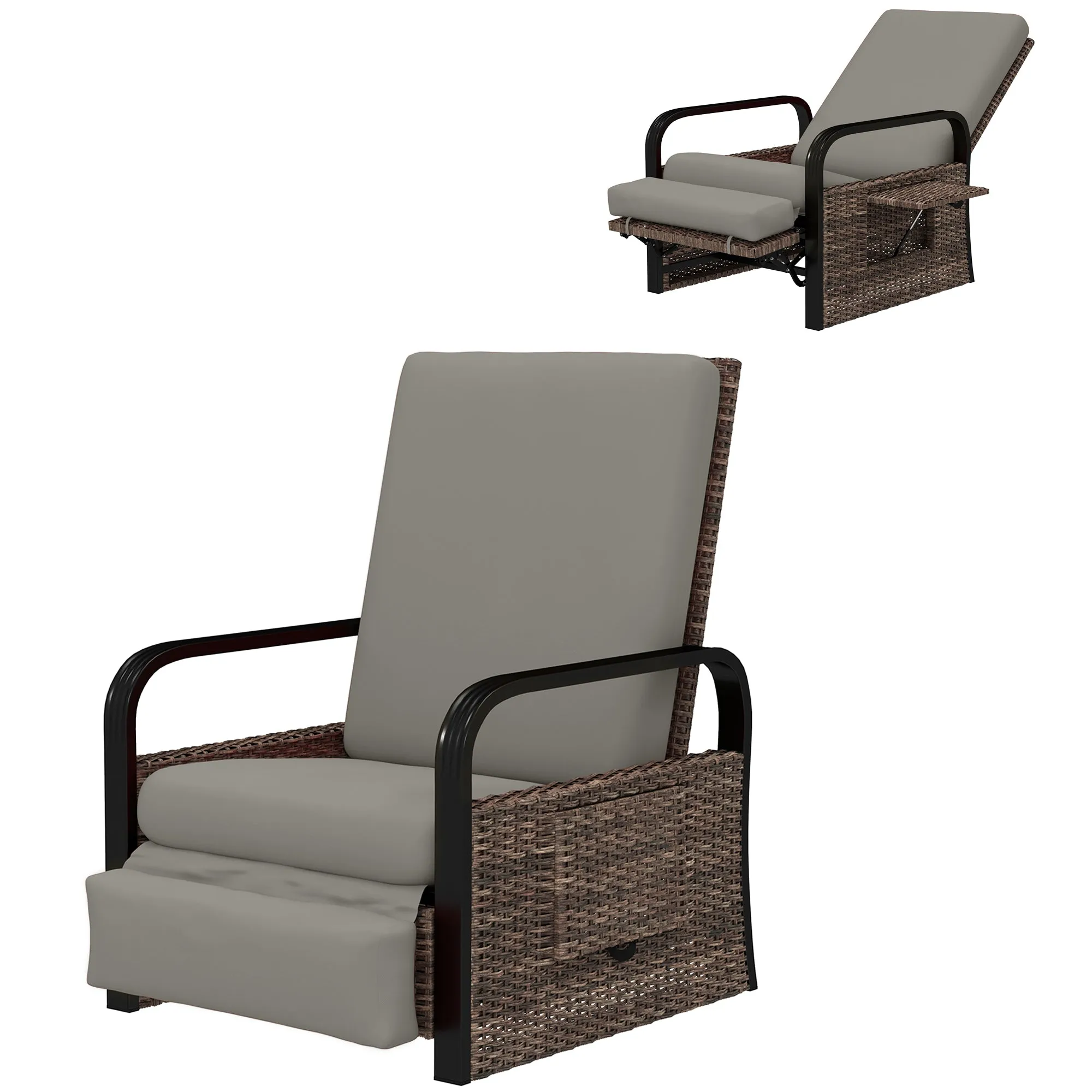 Outdoor Recliner Chair, Reclining Outdoor Lounge Chair with Adjustable Backrest and Footrest, Wicker Chair with Flip Side Table, Aluminum Armrests and Cushion, Light Grey