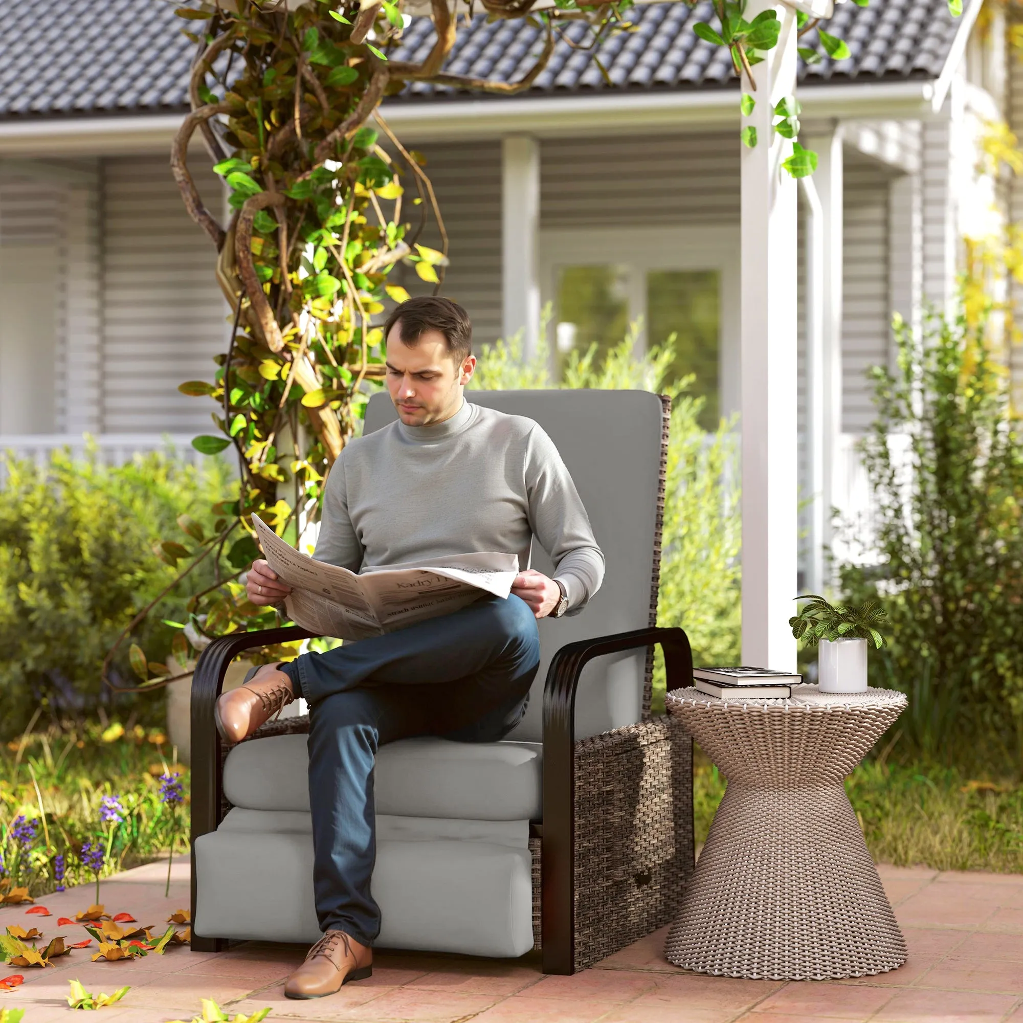 Outdoor Recliner Chair, Reclining Outdoor Lounge Chair with Adjustable Backrest and Footrest, Wicker Chair with Flip Side Table, Aluminum Armrests and Cushion, Light Grey