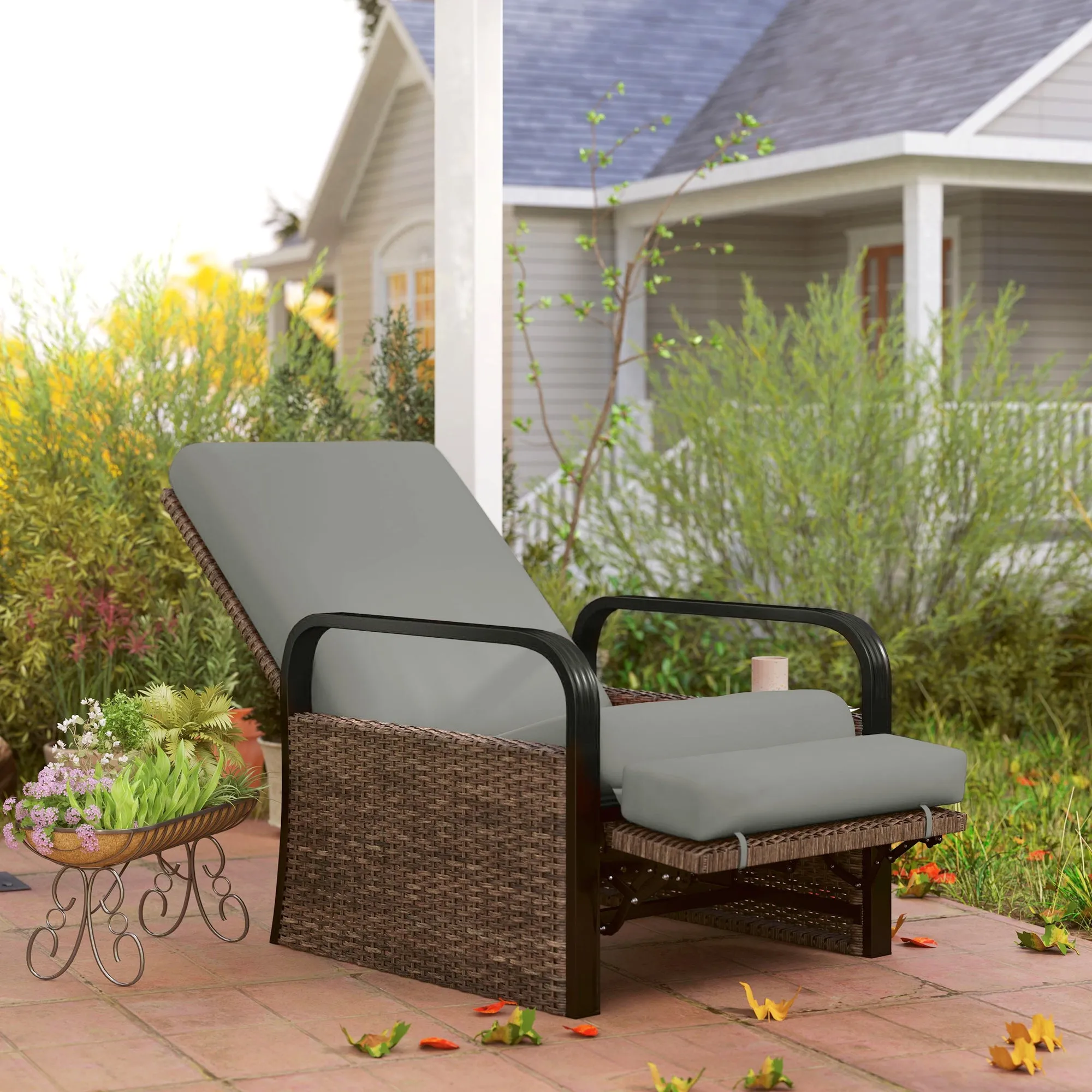 Outdoor Recliner Chair, Reclining Outdoor Lounge Chair with Adjustable Backrest and Footrest, Wicker Chair with Flip Side Table, Aluminum Armrests and Cushion, Light Grey